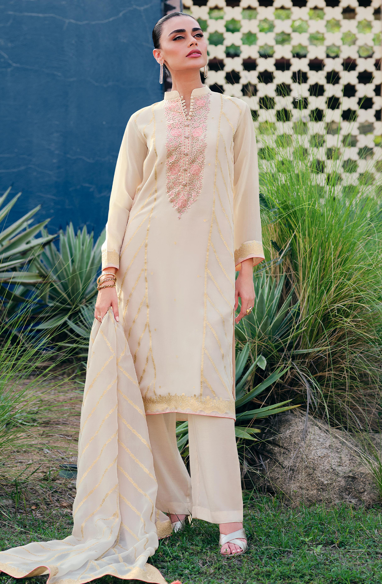 Organza Beautiful Cream Suit Set with Dupatta - NORNOE05