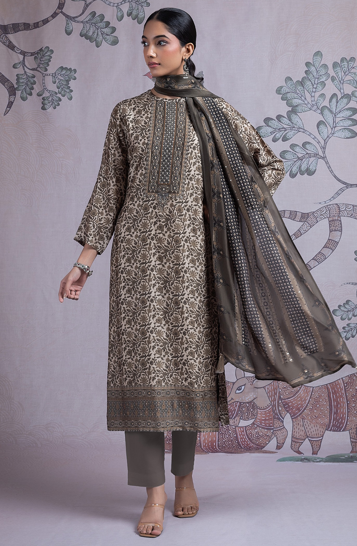 Green Silk Digital Printed Suit Set with Silk Dupatta - NORST2082A