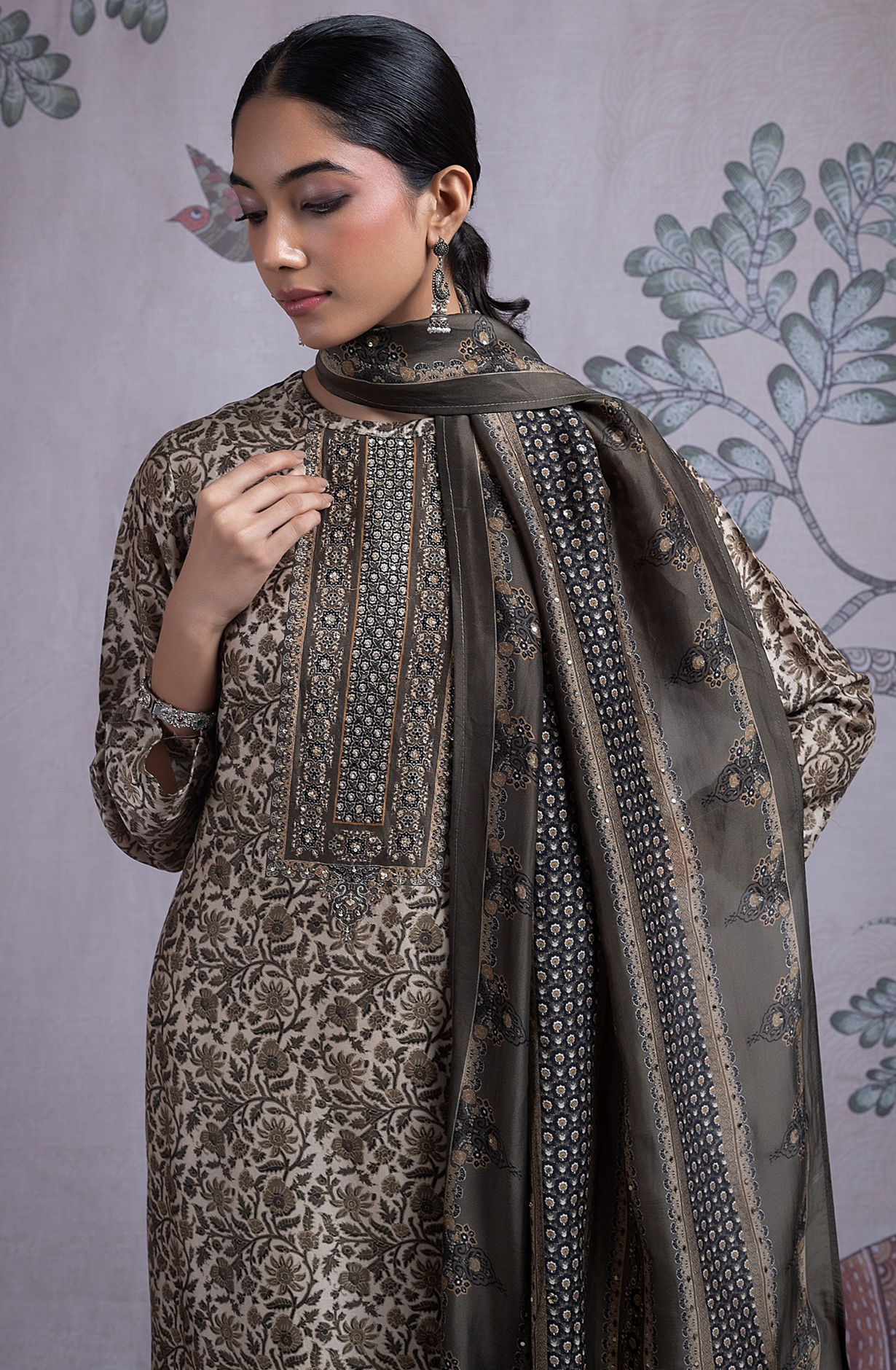 Green Silk Digital Printed Suit Set with Silk Dupatta - NORST2082A