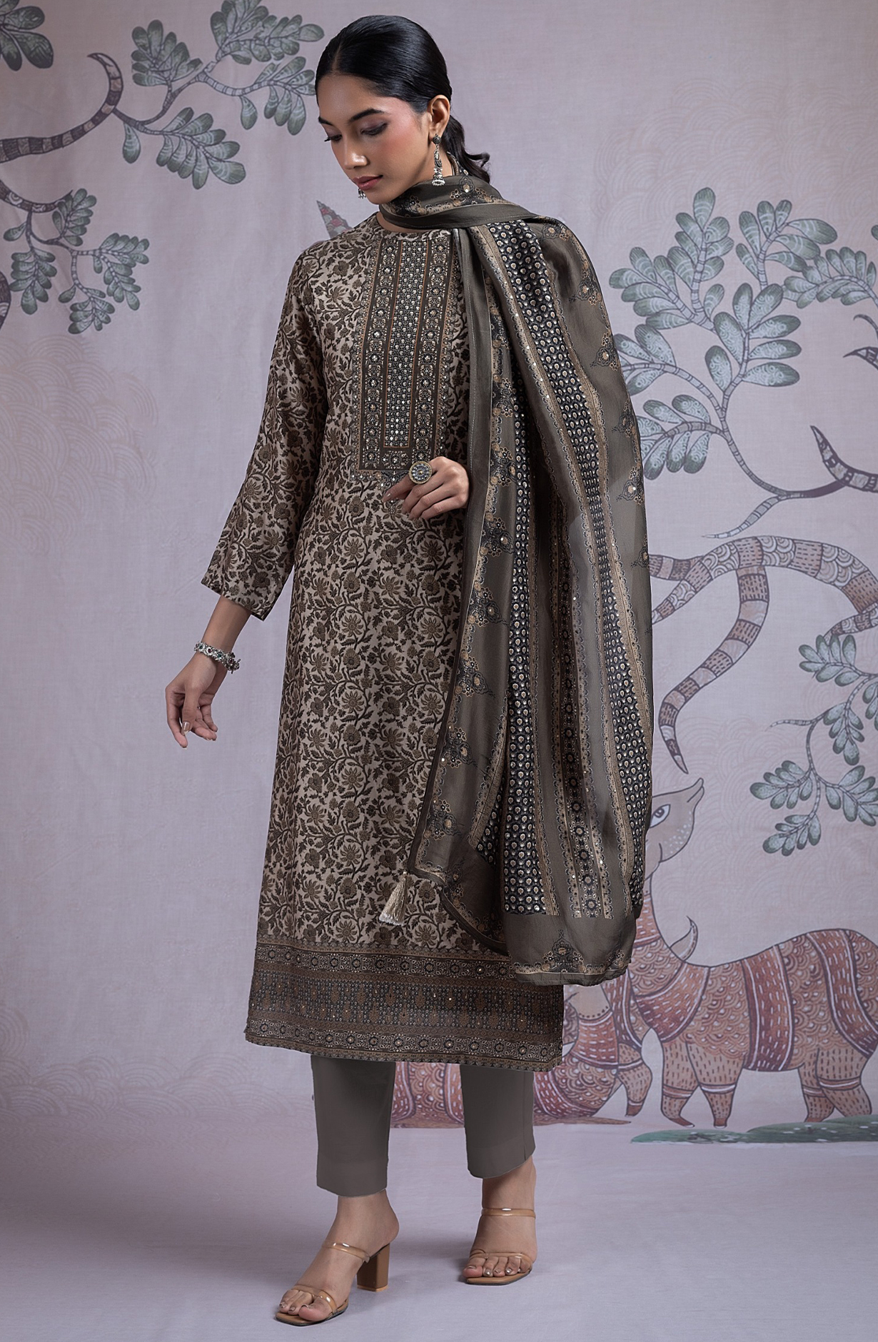 Green Silk Digital Printed Suit Set with Silk Dupatta - NORST2082A