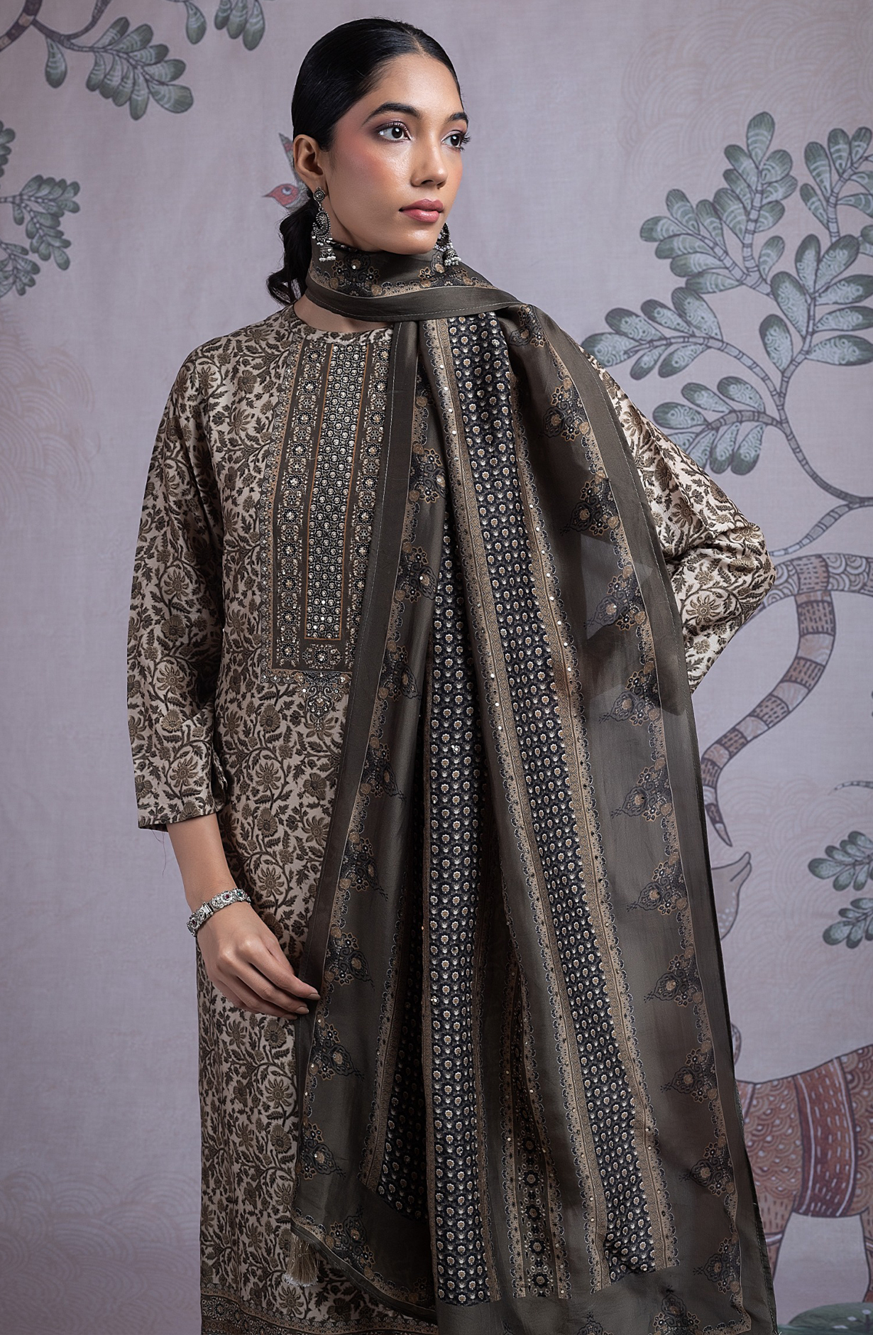 Green Silk Digital Printed Suit Set with Silk Dupatta - NORST2082A