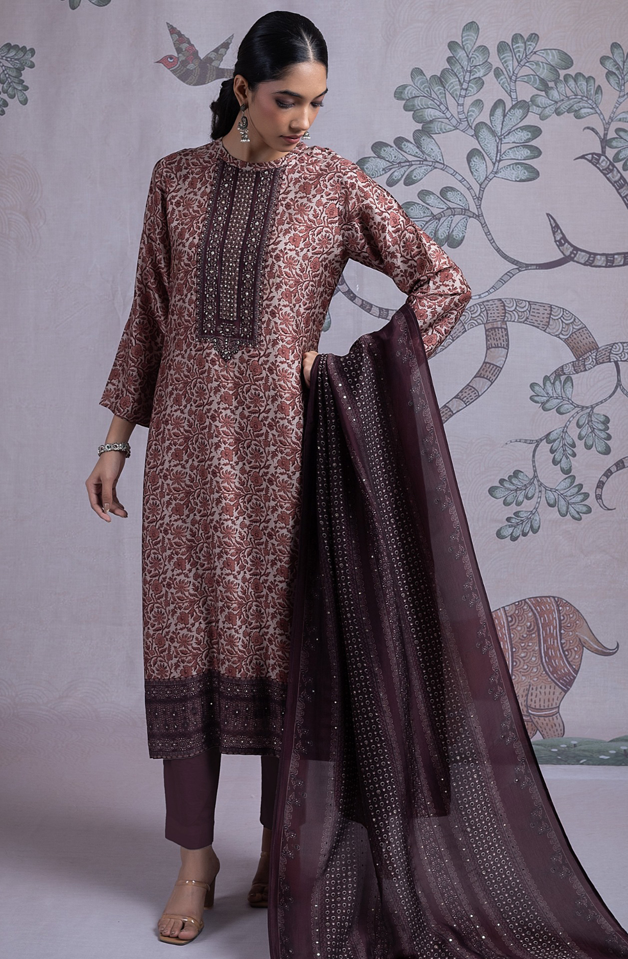 Maroon Silk Digital Printed Suit Set with Silk Dupatta - NORST2082B