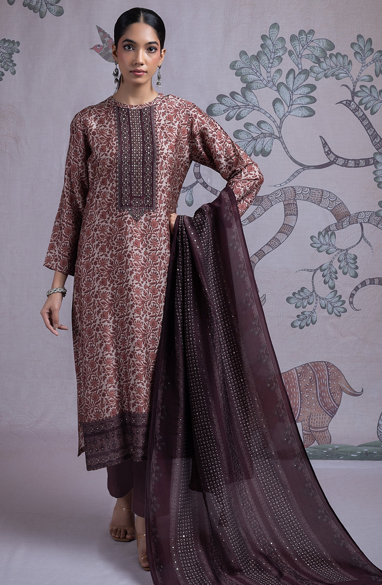 Maroon Silk Digital Printed Suit Set with Silk Dupatta - NORST2082B