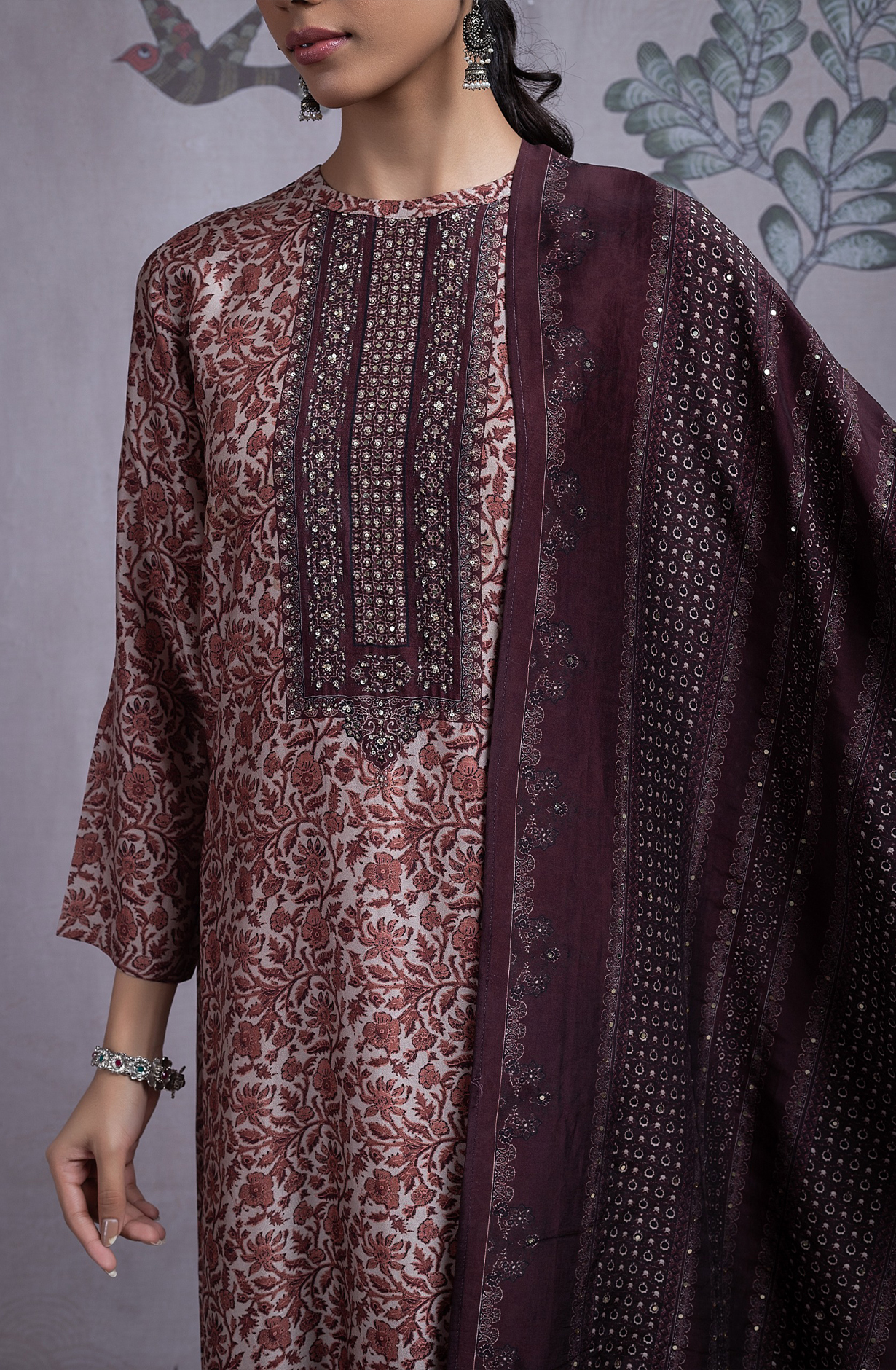 Maroon Silk Digital Printed Suit Set with Silk Dupatta - NORST2082B
