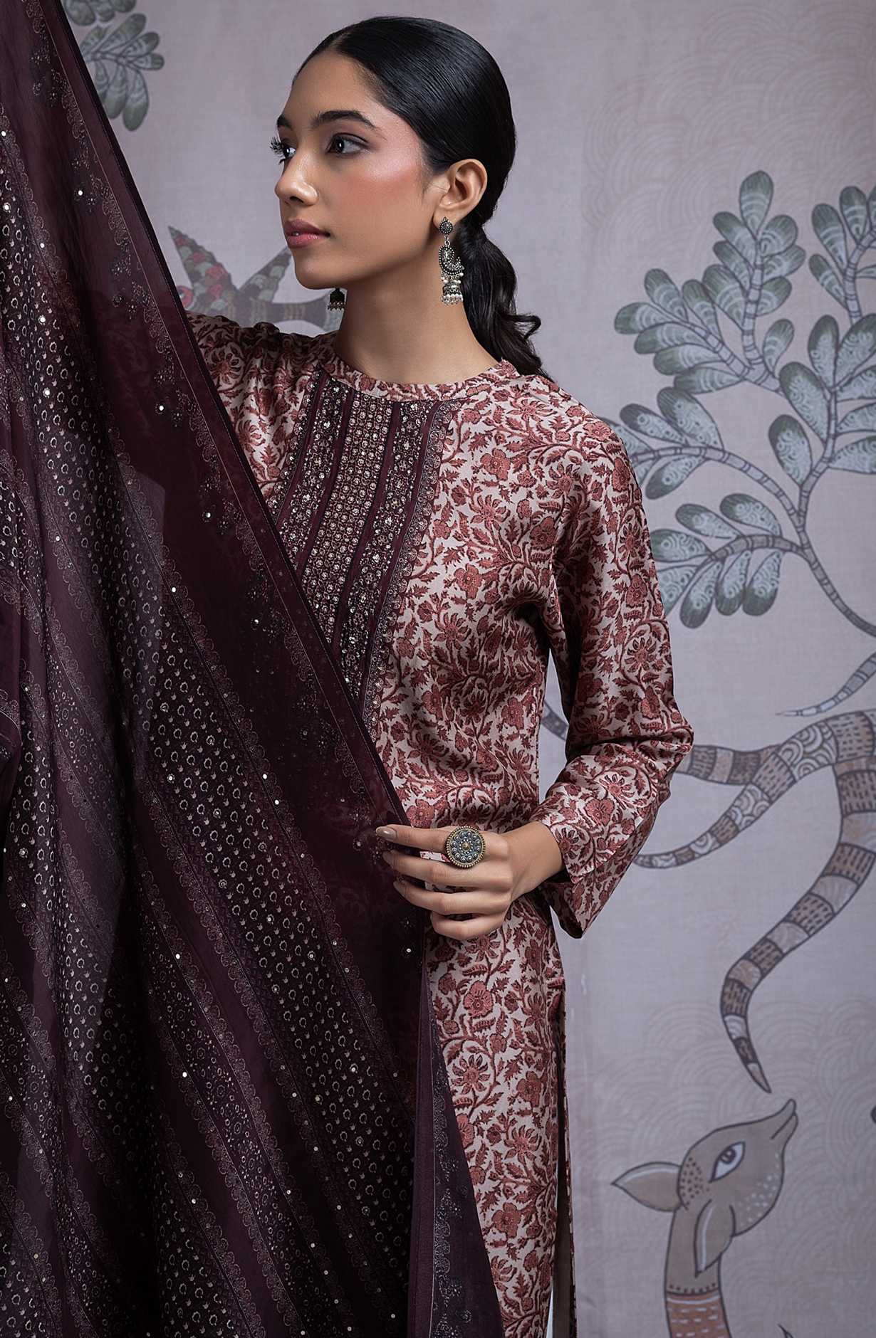 Maroon Silk Digital Printed Suit Set with Silk Dupatta - NORST2082B
