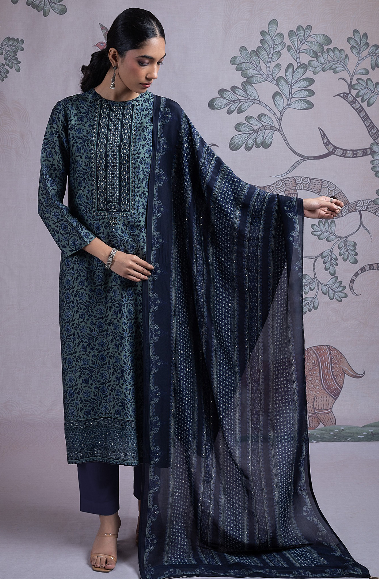Blue Silk Digital Printed Suit Set with Silk Dupatta - NORST2082C