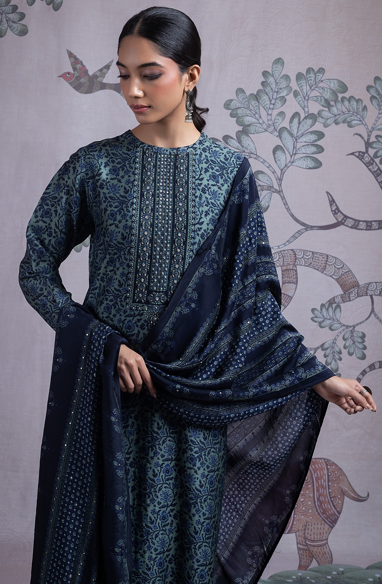 Blue Silk Digital Printed Suit Set with Silk Dupatta - NORST2082C