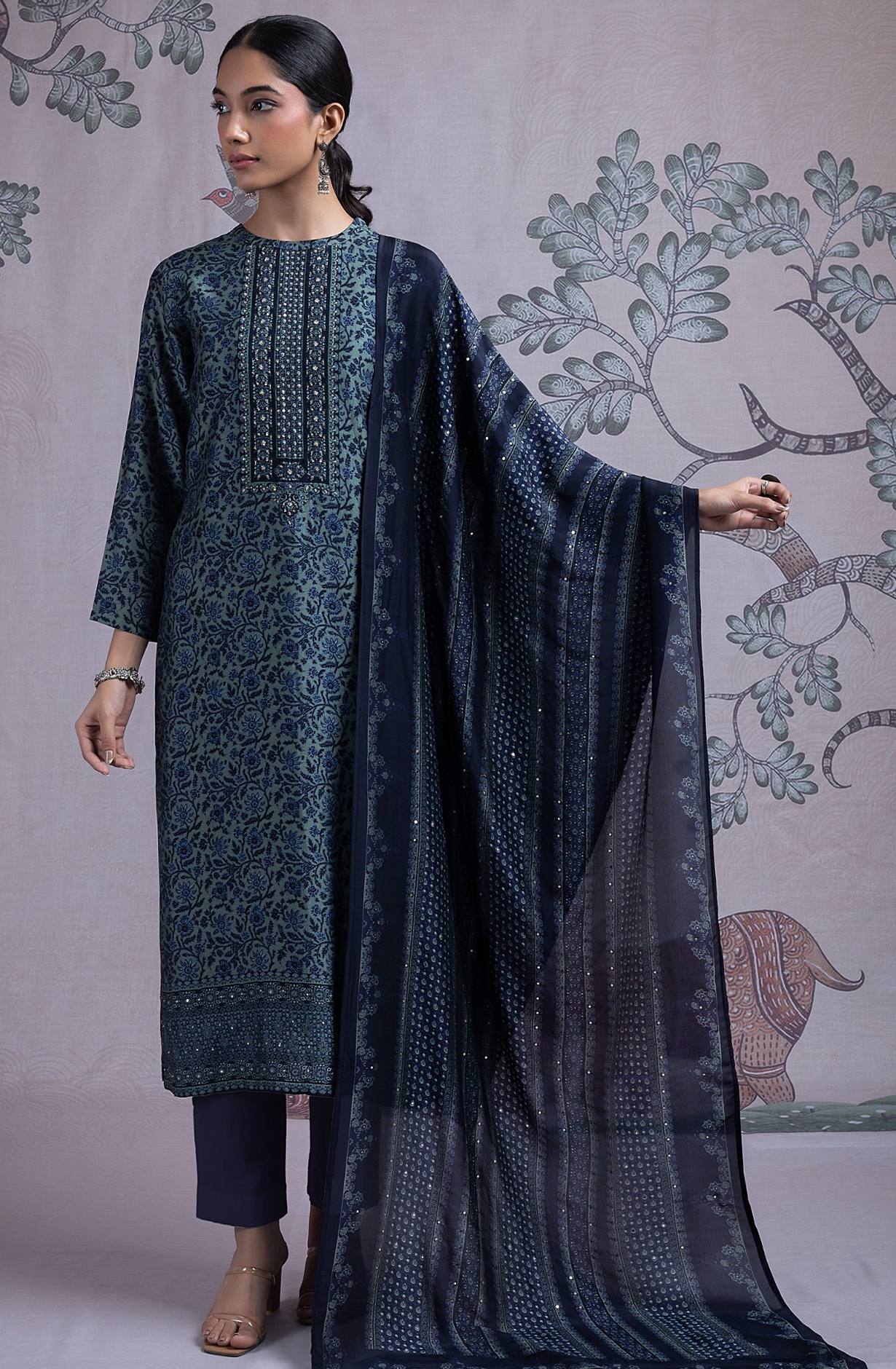 Blue Silk Digital Printed Suit Set with Silk Dupatta - NORST2082C