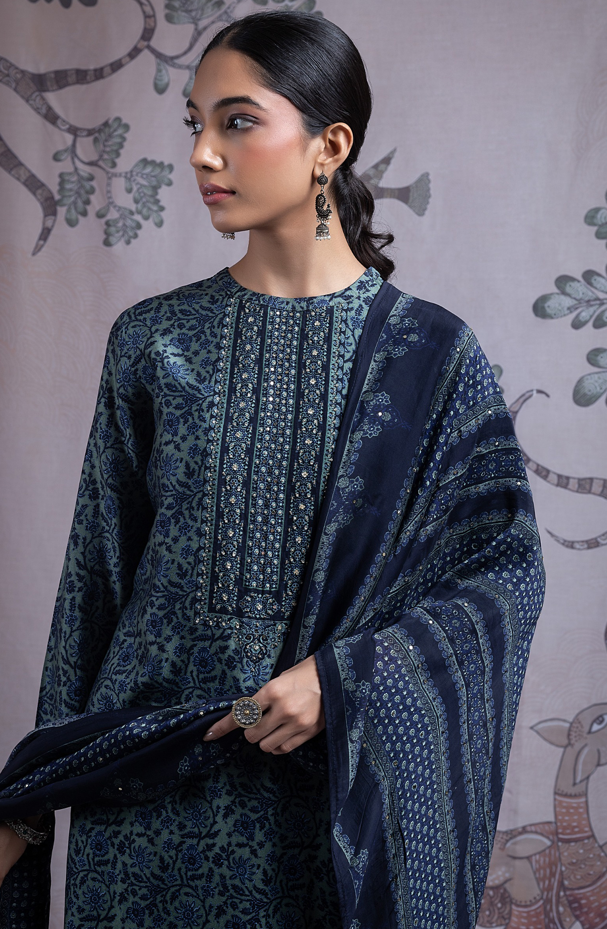 Blue Silk Digital Printed Suit Set with Silk Dupatta - NORST2082C