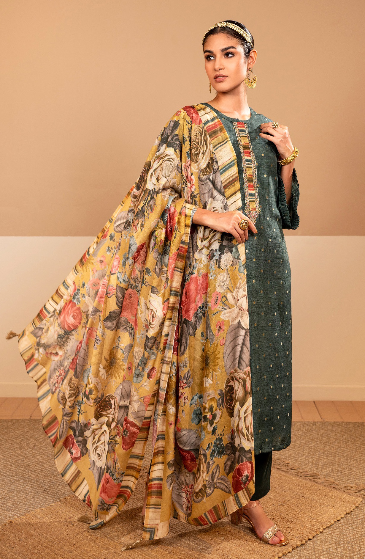 Bottle Green Festive Wear Beautiful Tussar Silk Suit-sets - NOU1991A