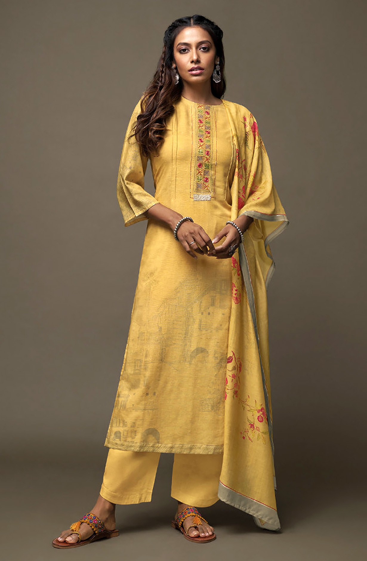 Mustard Yellow Linen Digital Printed Salwar Suit with Embroidery Work - OJA2211A