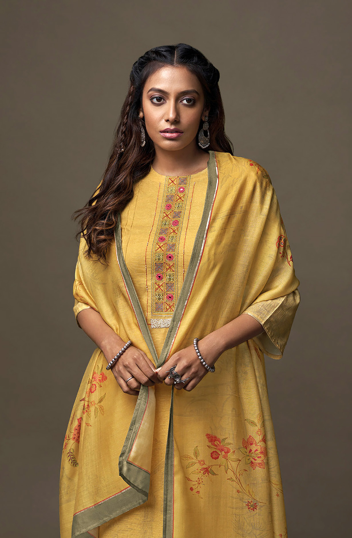 Mustard Yellow Linen Digital Printed Salwar Suit with Embroidery Work - OJA2211A
