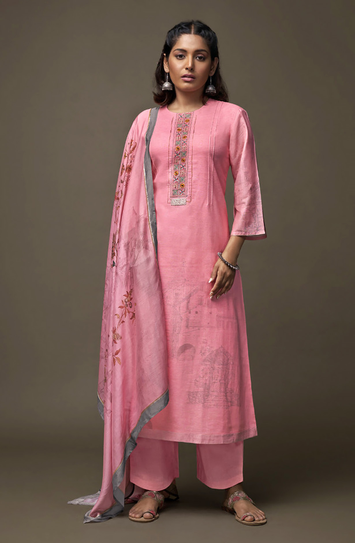 Pink Linen Digital Printed Salwar Suit with Embroidery Work - OJA2211B