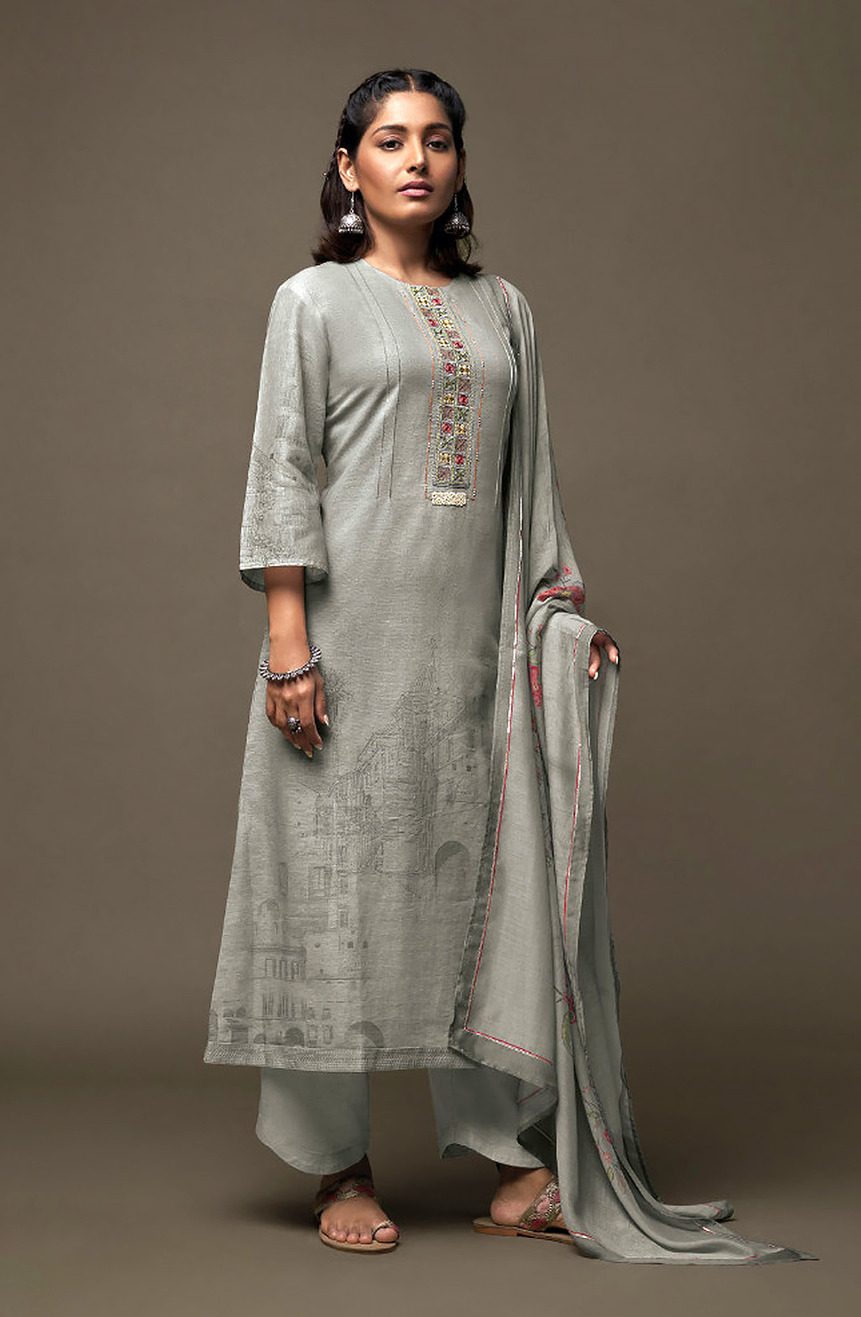 Grey Linen Digital Printed Salwar Suit with Embroidery Work - OJA2211C