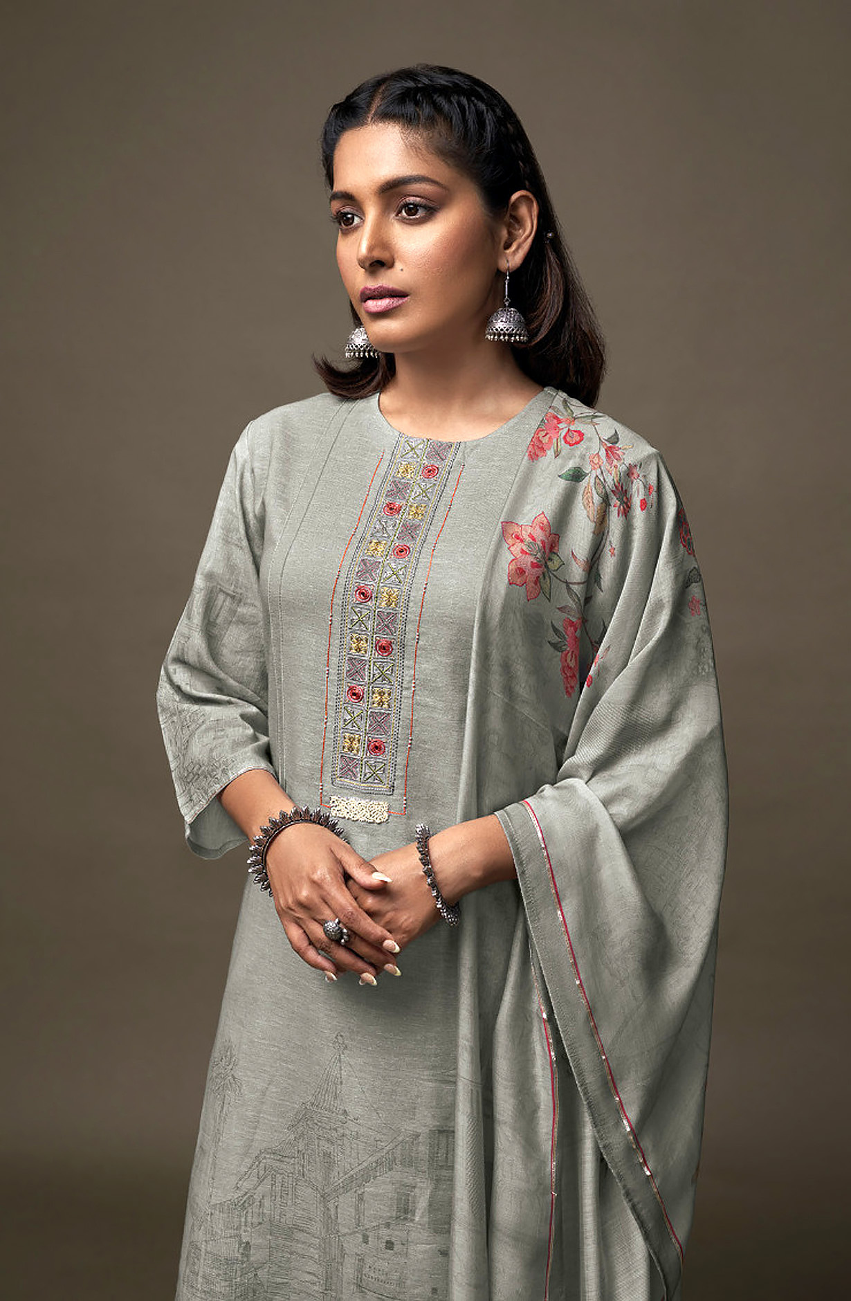 Grey Linen Digital Printed Salwar Suit with Embroidery Work - OJA2211C
