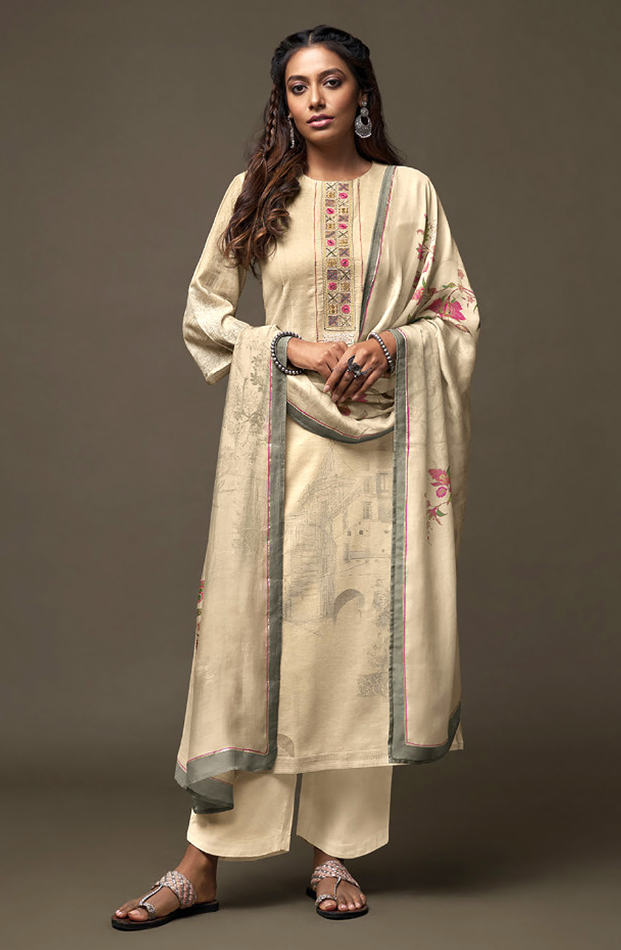 Beige Linen Digital Printed Salwar Suit with Embroidery Work - OJA2211D
