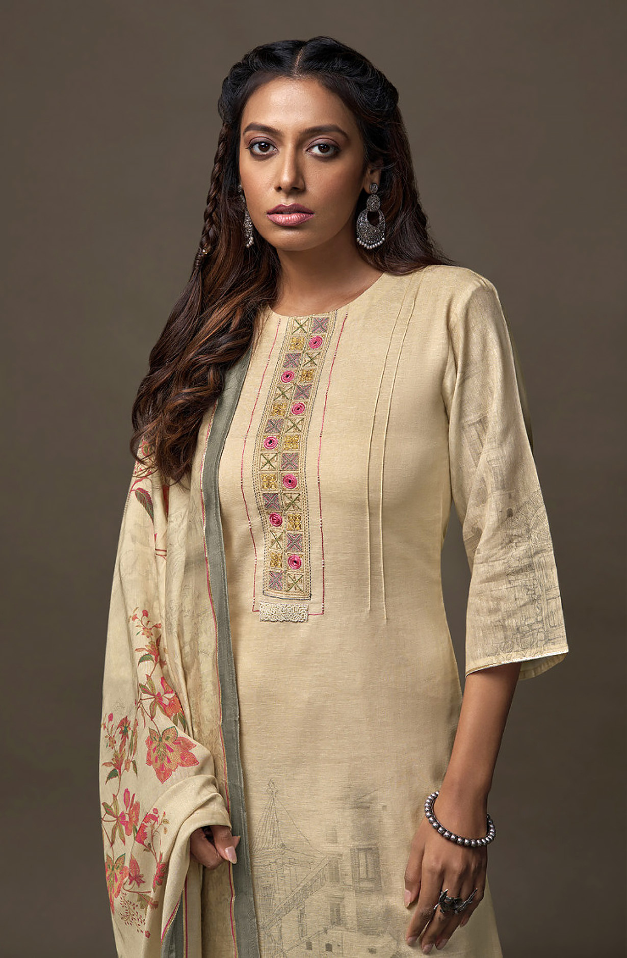 Beige Linen Digital Printed Salwar Suit with Embroidery Work - OJA2211D