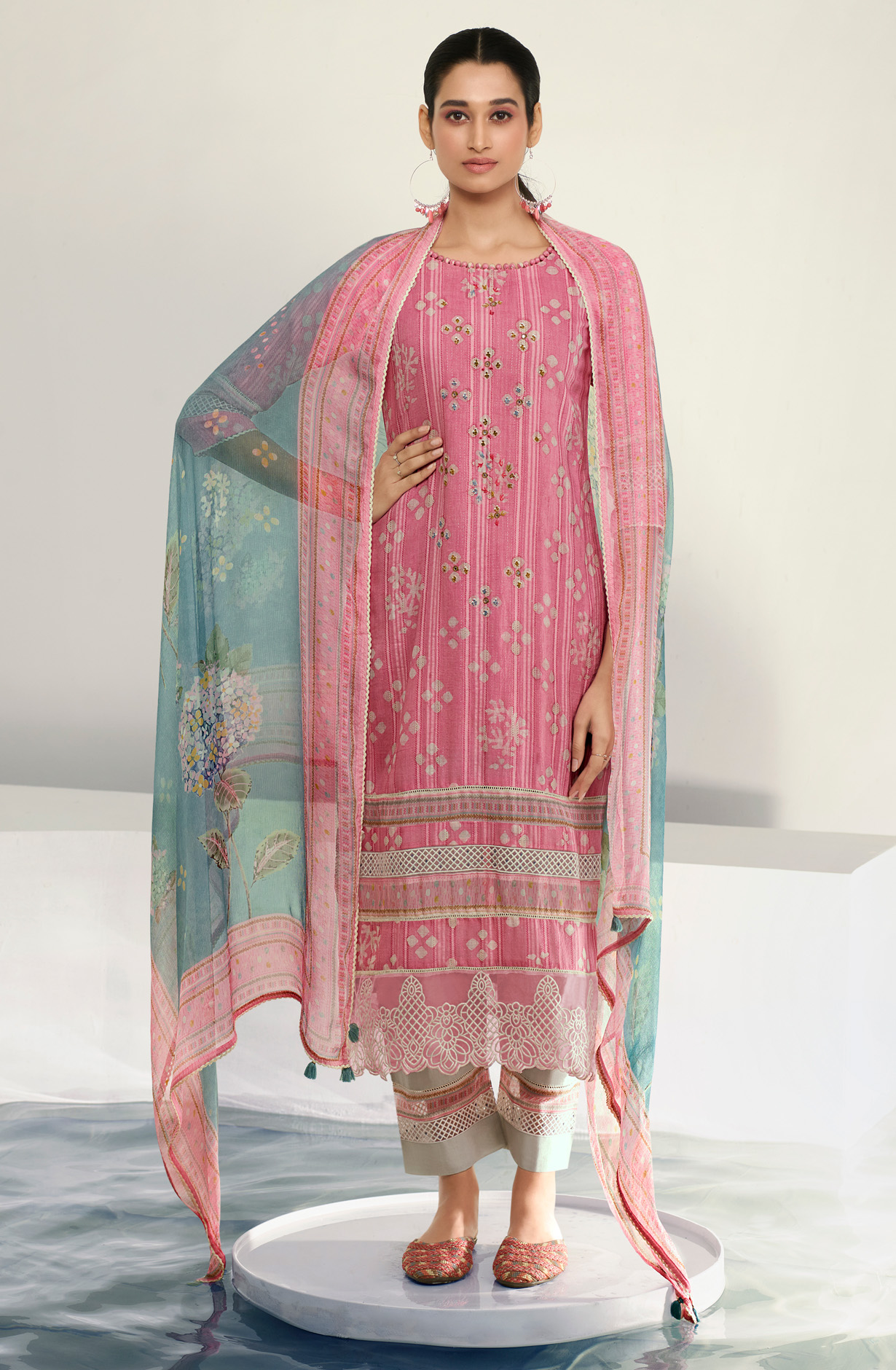 Pink Cotton Beautiful Batik Print with Embroidery Suit with Chiffon Dupatta - OKS8023