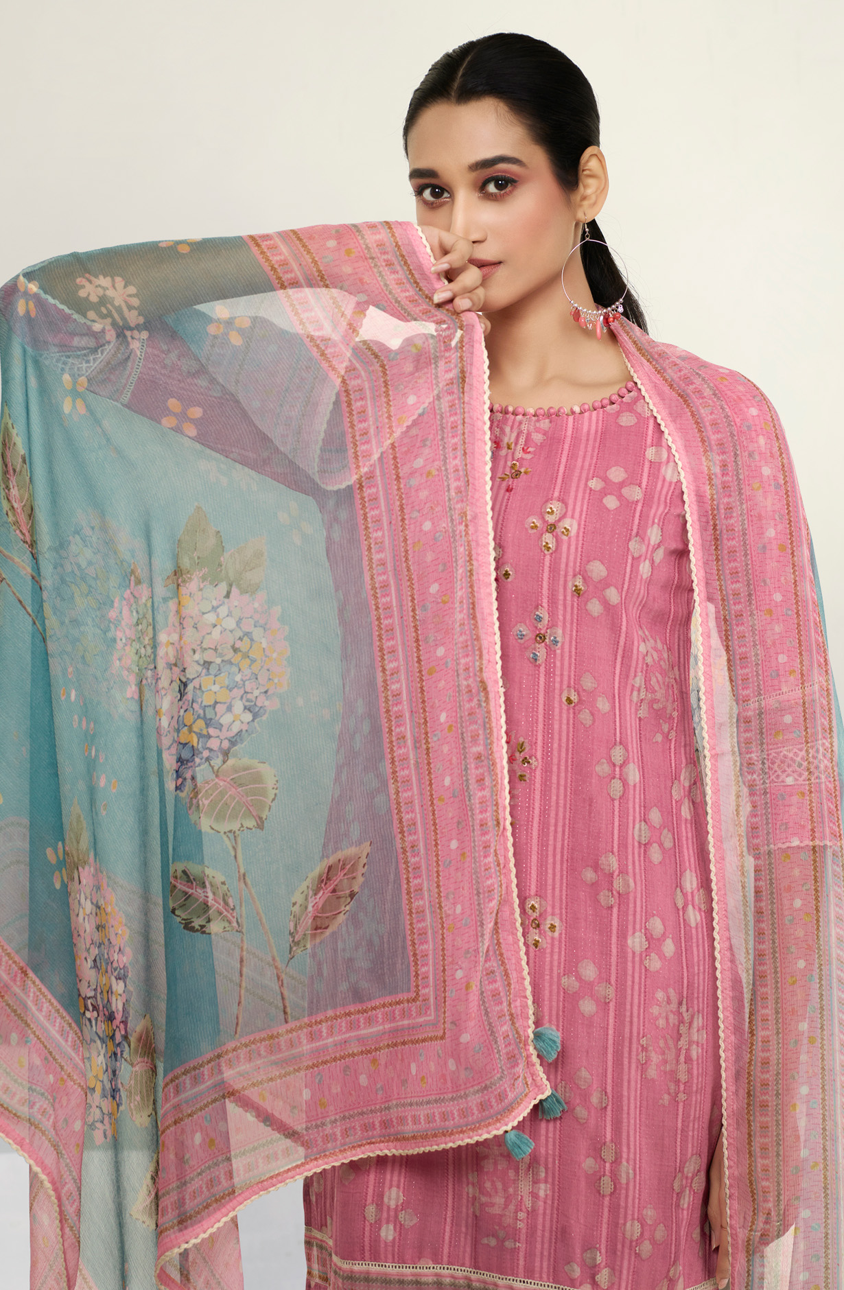 Pink Cotton Beautiful Batik Print with Embroidery Suit with Chiffon Dupatta - OKS8023
