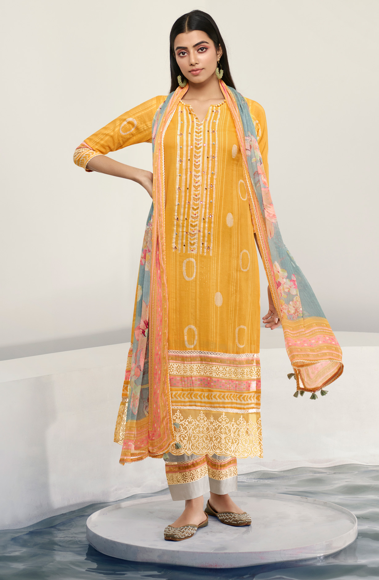 Yellow Cotton Beautiful Batik Print with Embroidery Suit with Chiffon Dupatta - OKS8026