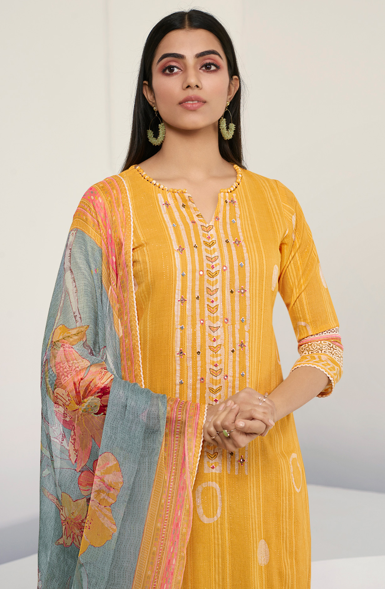 Yellow Cotton Beautiful Batik Print with Embroidery Suit with Chiffon Dupatta - OKS8026