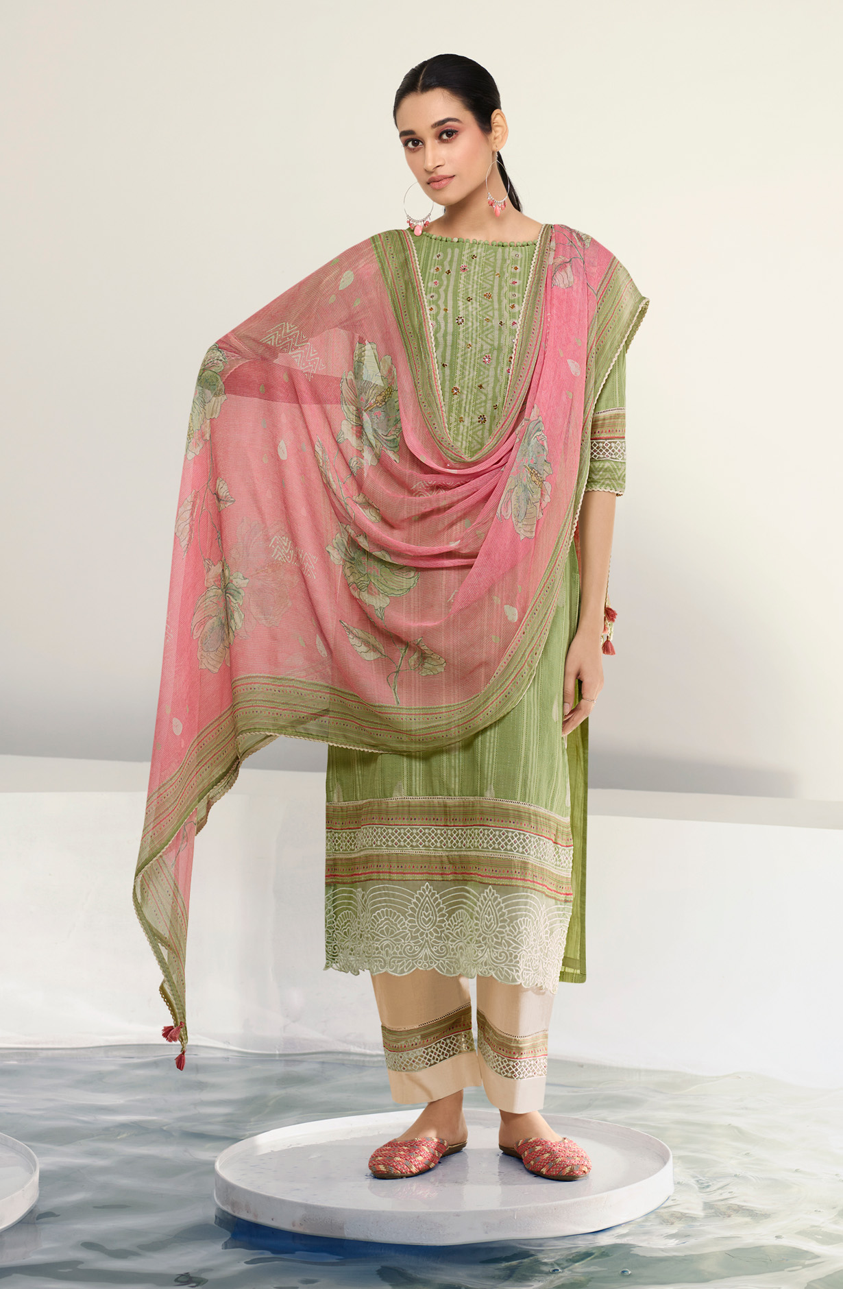 Green Cotton Beautiful Batik Print with Embroidery Suit with Chiffon Dupatta - OKS8027