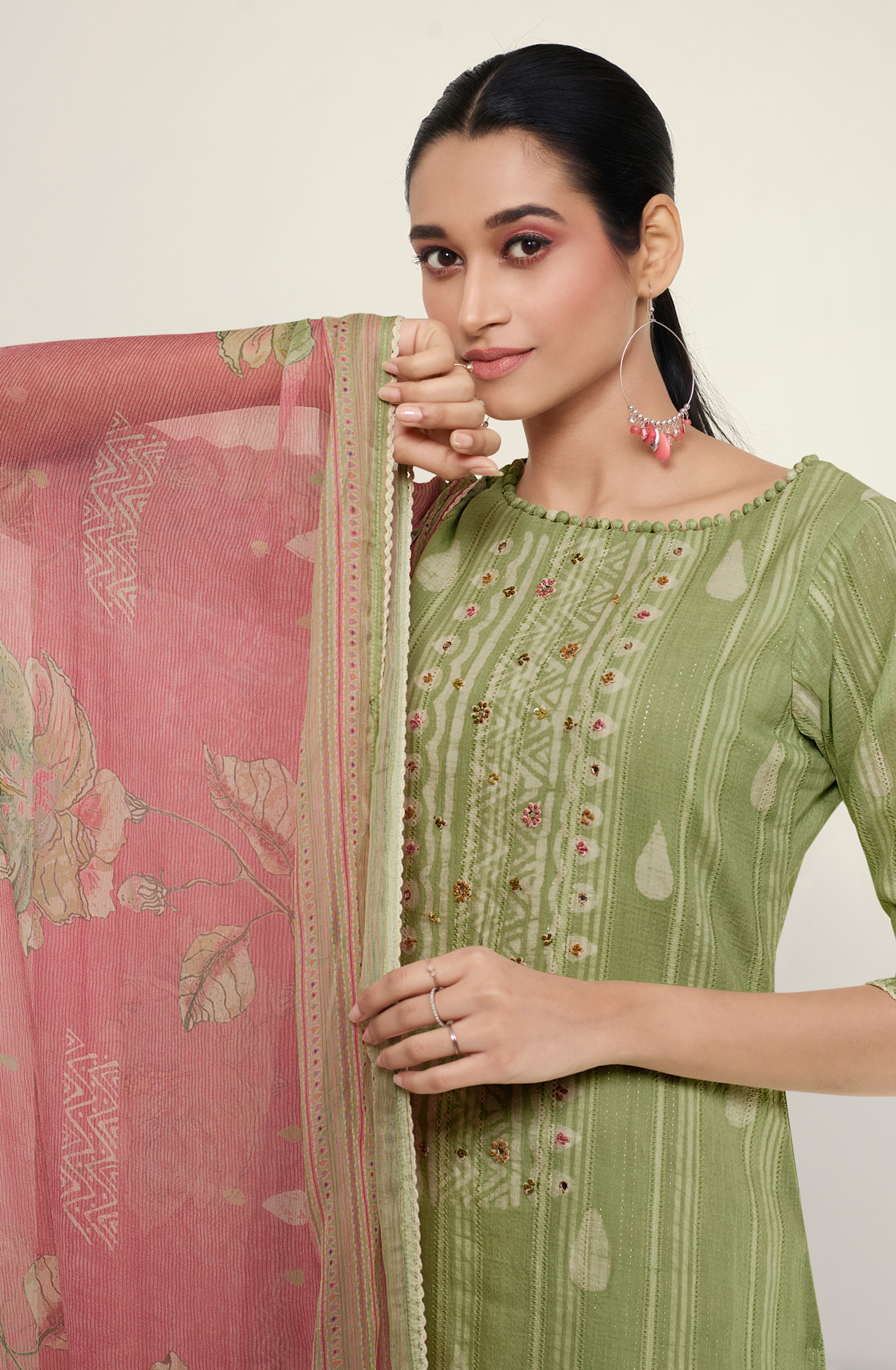 Green Cotton Beautiful Batik Print with Embroidery Suit with Chiffon Dupatta - OKS8027