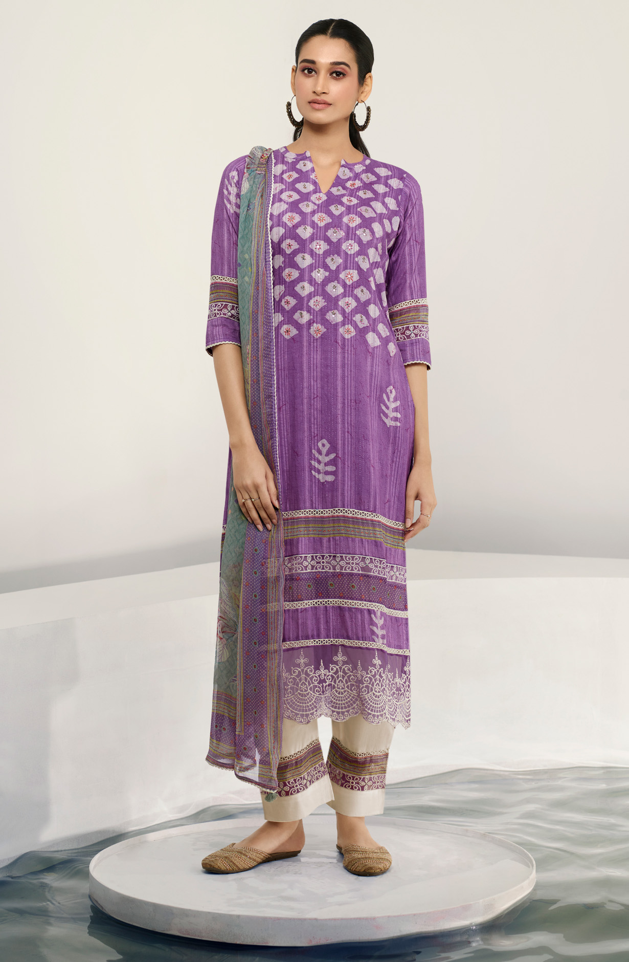 Purple Cotton Beautiful Batik Print with Embroidery Suit with Chiffon Dupatta - OKS8028