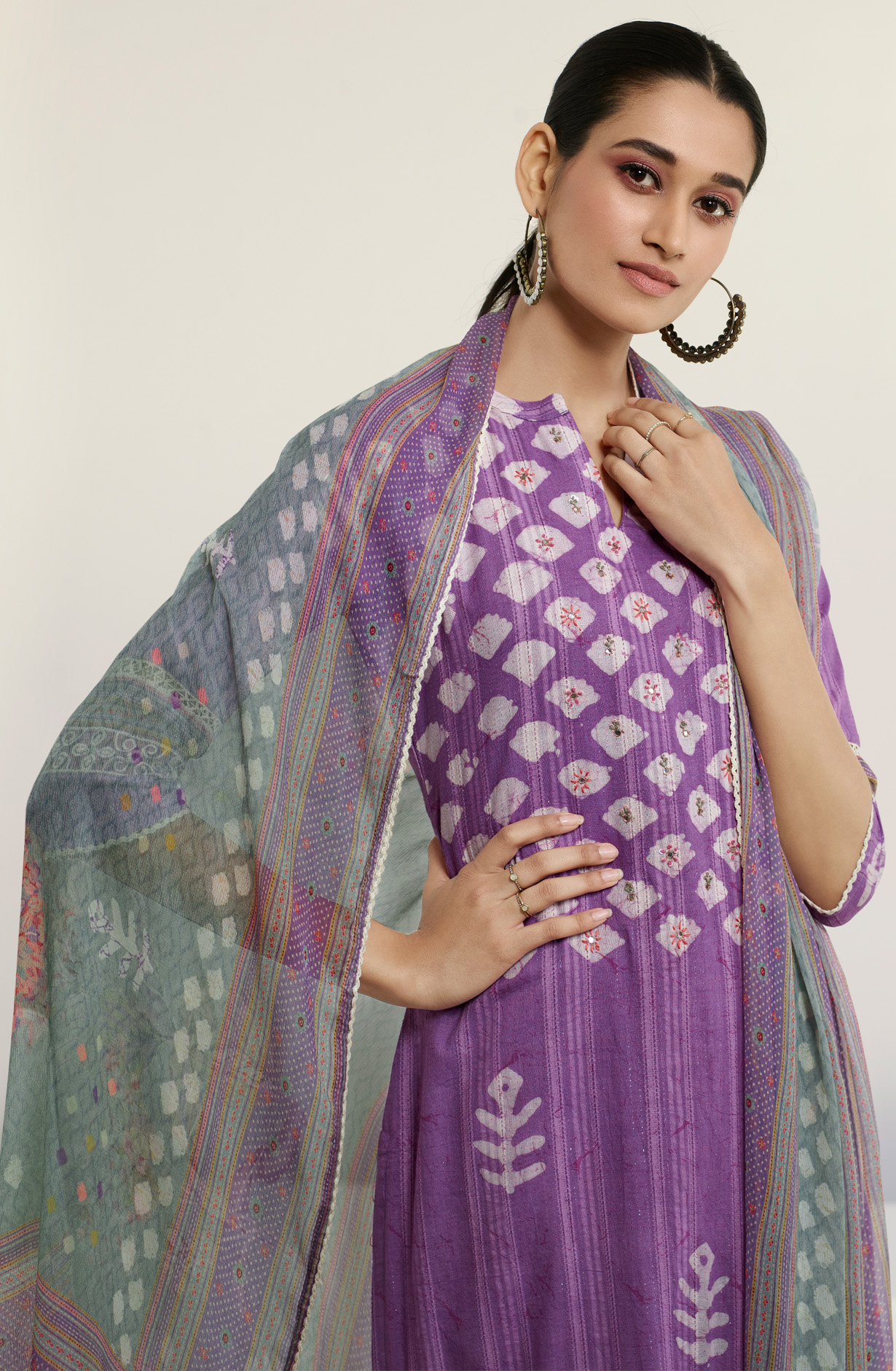 Purple Cotton Beautiful Batik Print with Embroidery Suit with Chiffon Dupatta - OKS8028