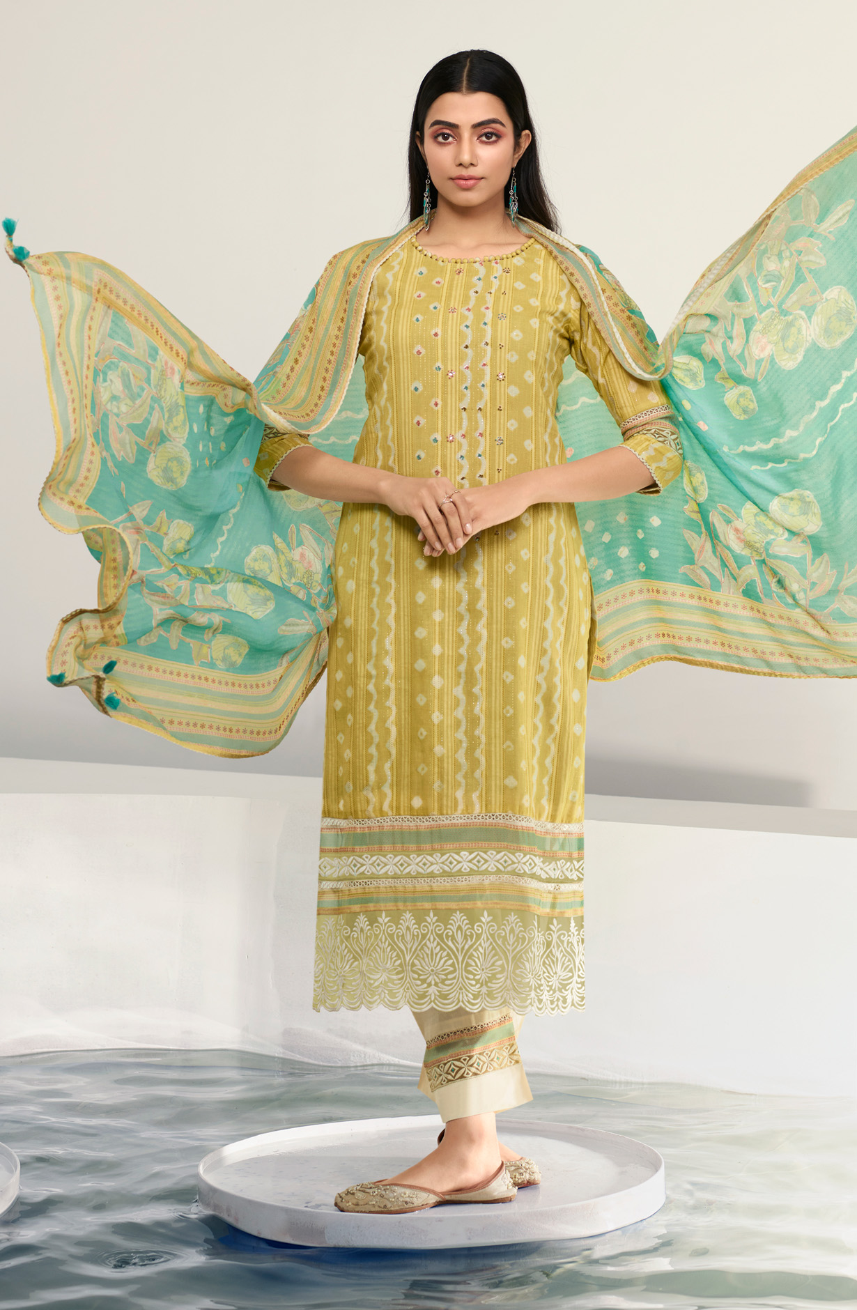 Mehndi Cotton Beautiful Batik Print with Embroidery Suit with Chiffon Dupatta - OKS8029