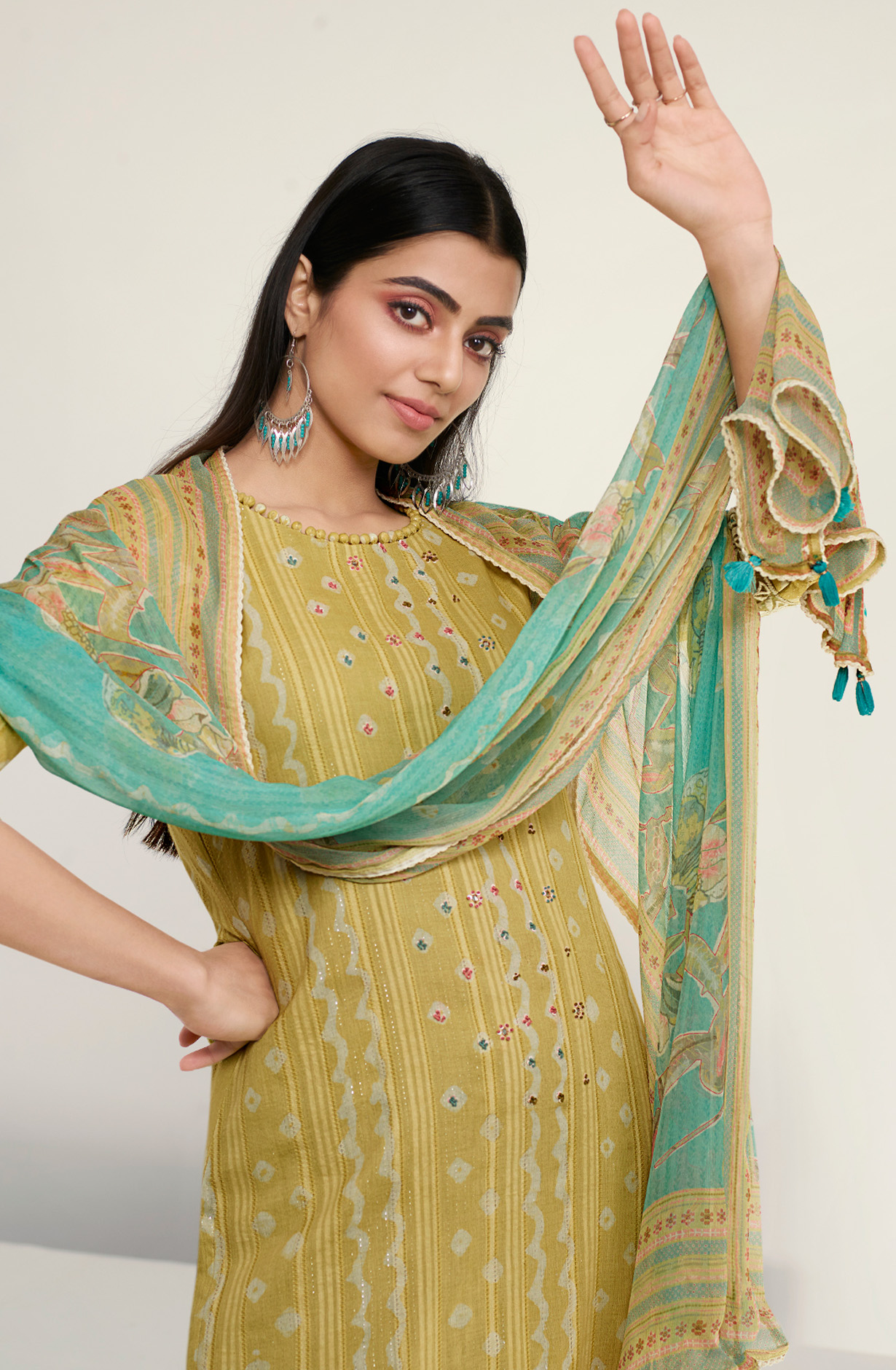 Mehndi Cotton Beautiful Batik Print with Embroidery Suit with Chiffon Dupatta - OKS8029