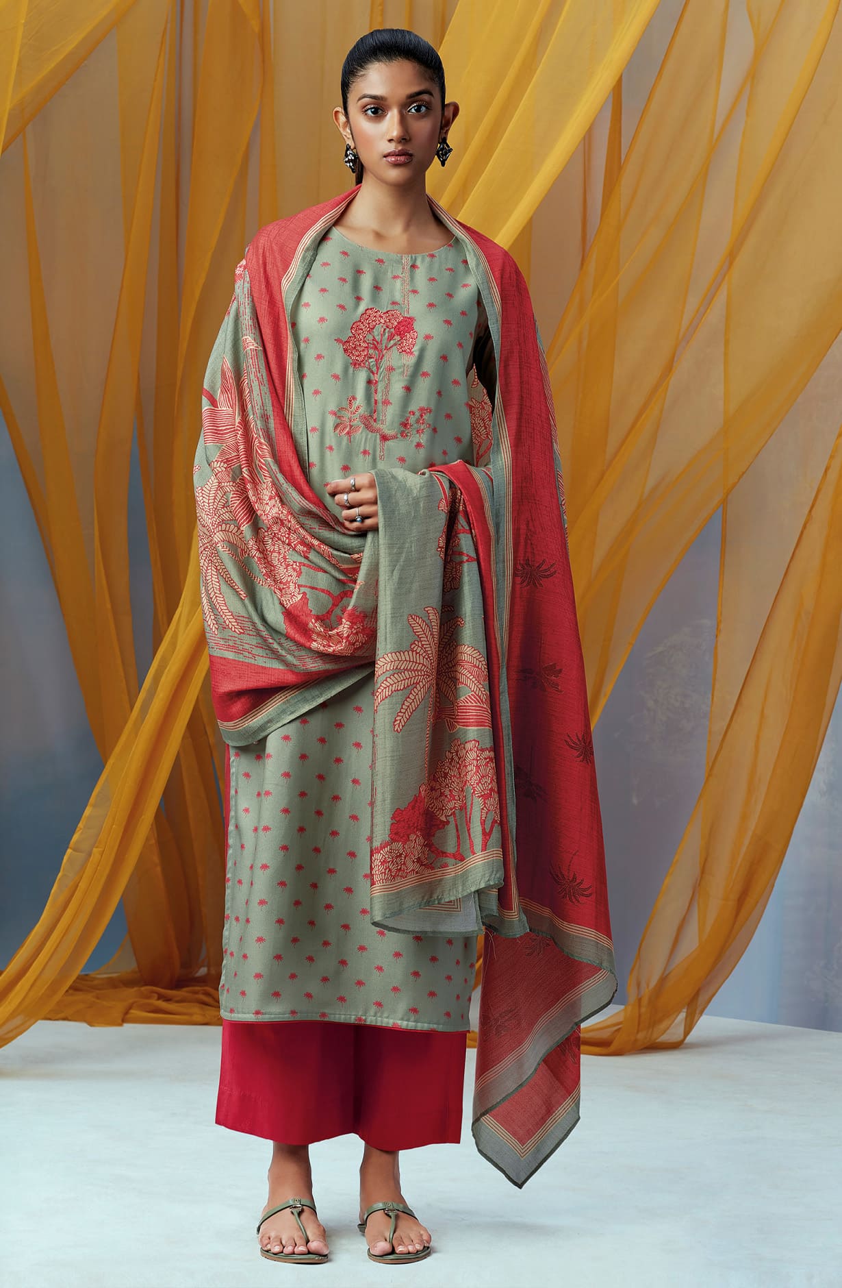 Olive Green Spun Winterwear Printed Unstitched Salwar Kameez - KEYS1209A