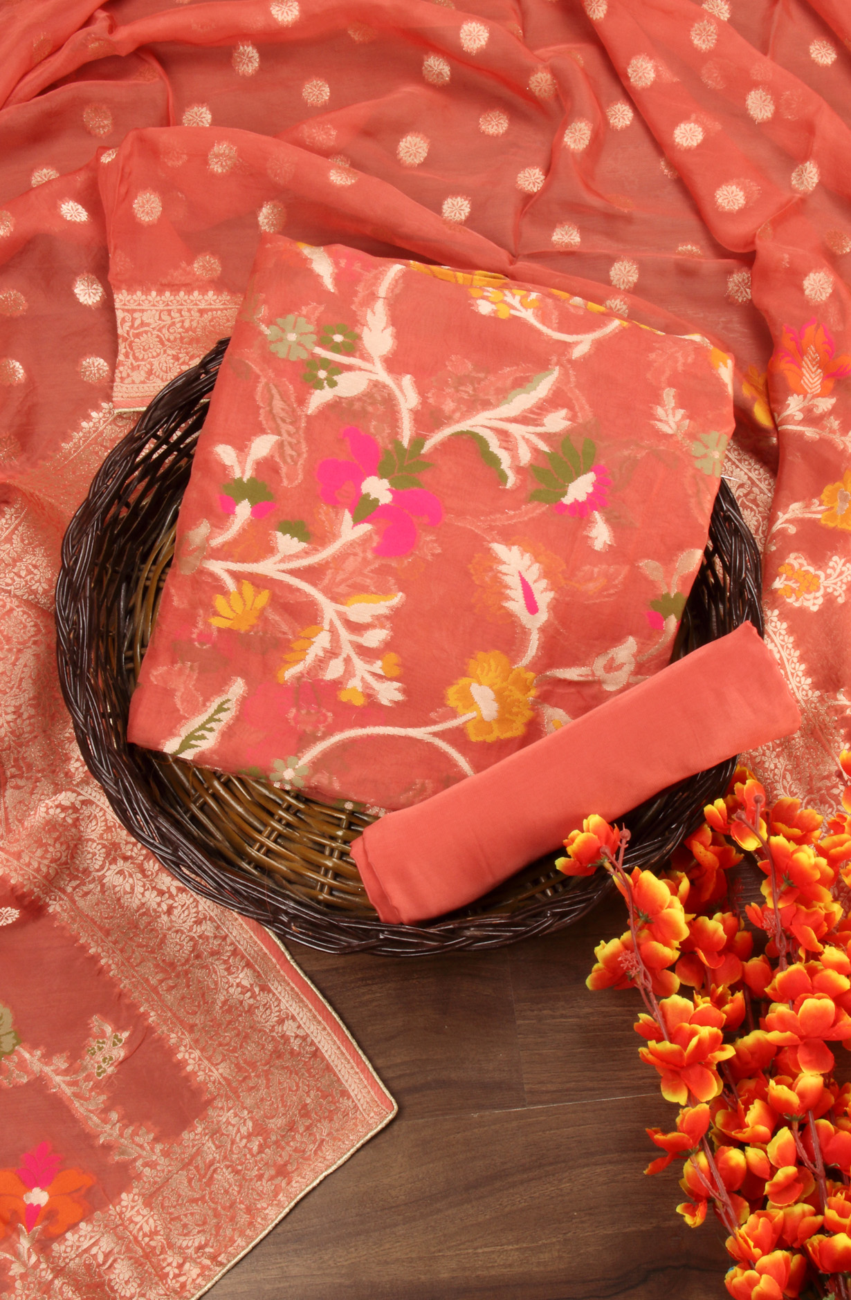 Rust Organza Festive Wear Salwar Kameez with Dupatta - OM327-602