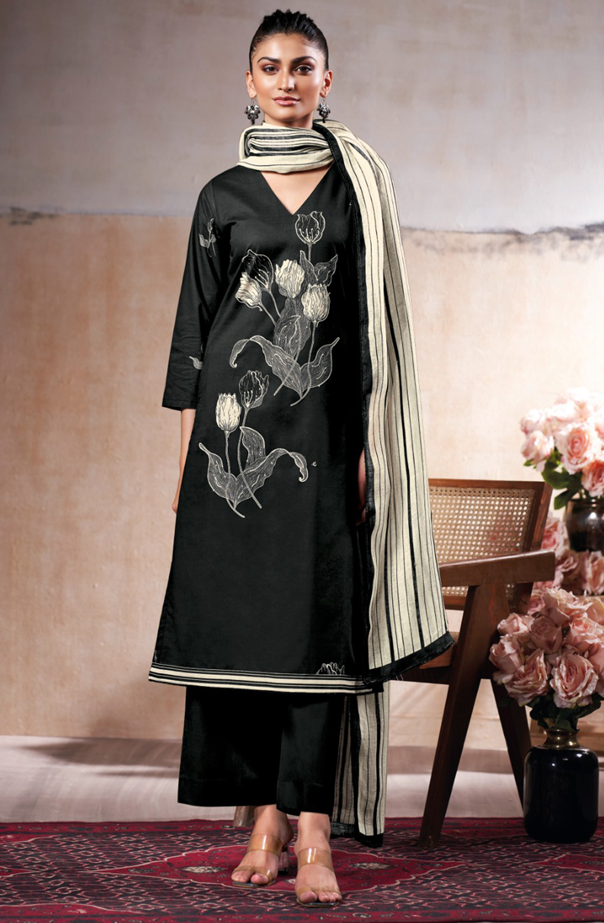 Black Printed Cotton Suit Linen Dupatta- ONES3544A