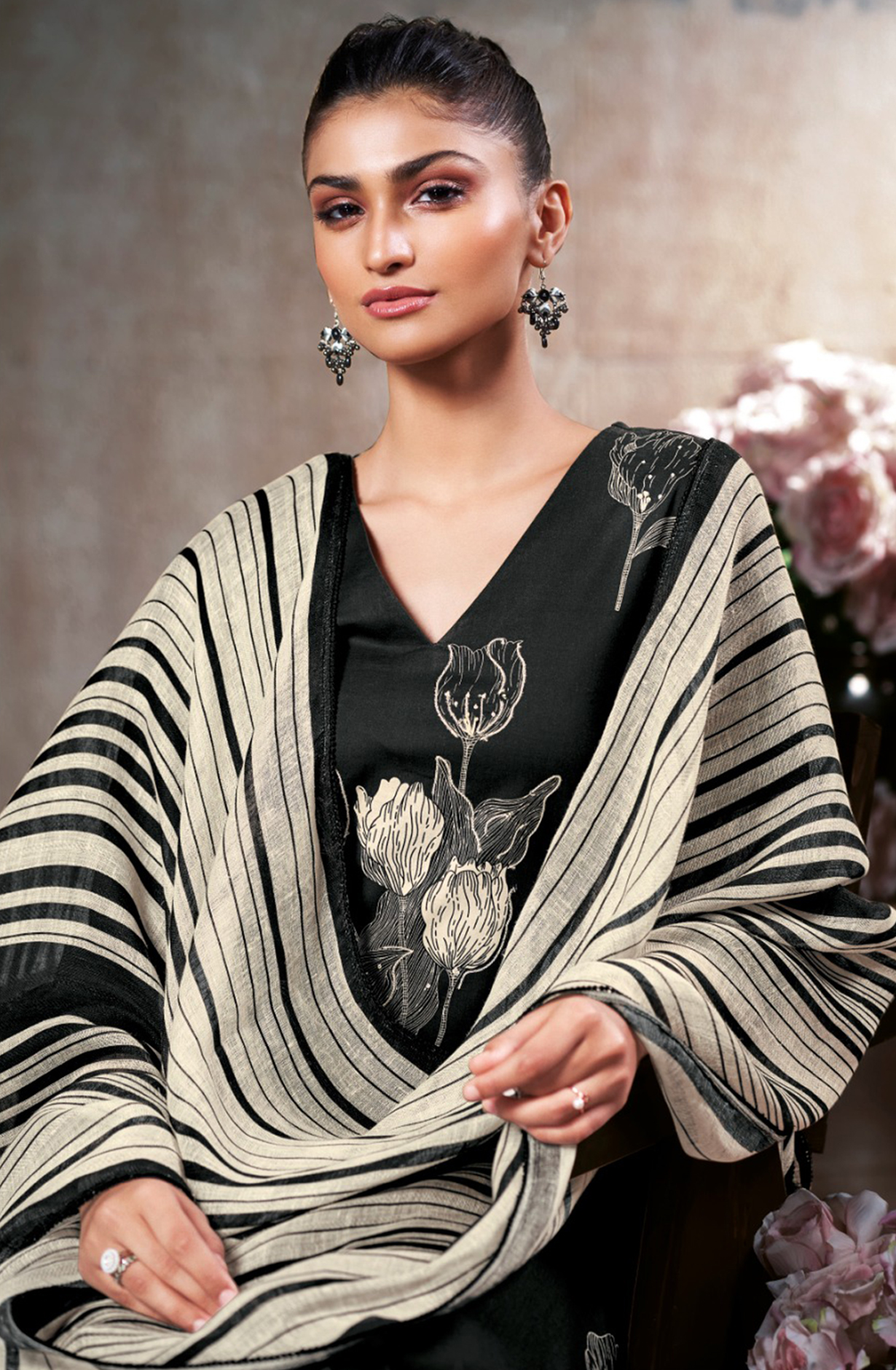 Black Printed Cotton Suit Linen Dupatta- ONES3544A