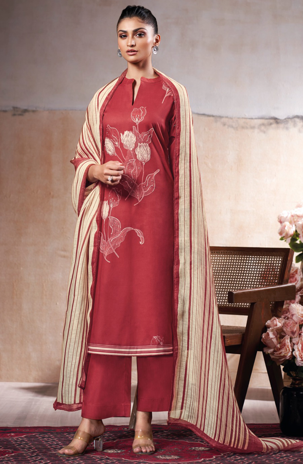 Mehroon Printed Cotton Suit Linen Dupatta- ONES3544B
