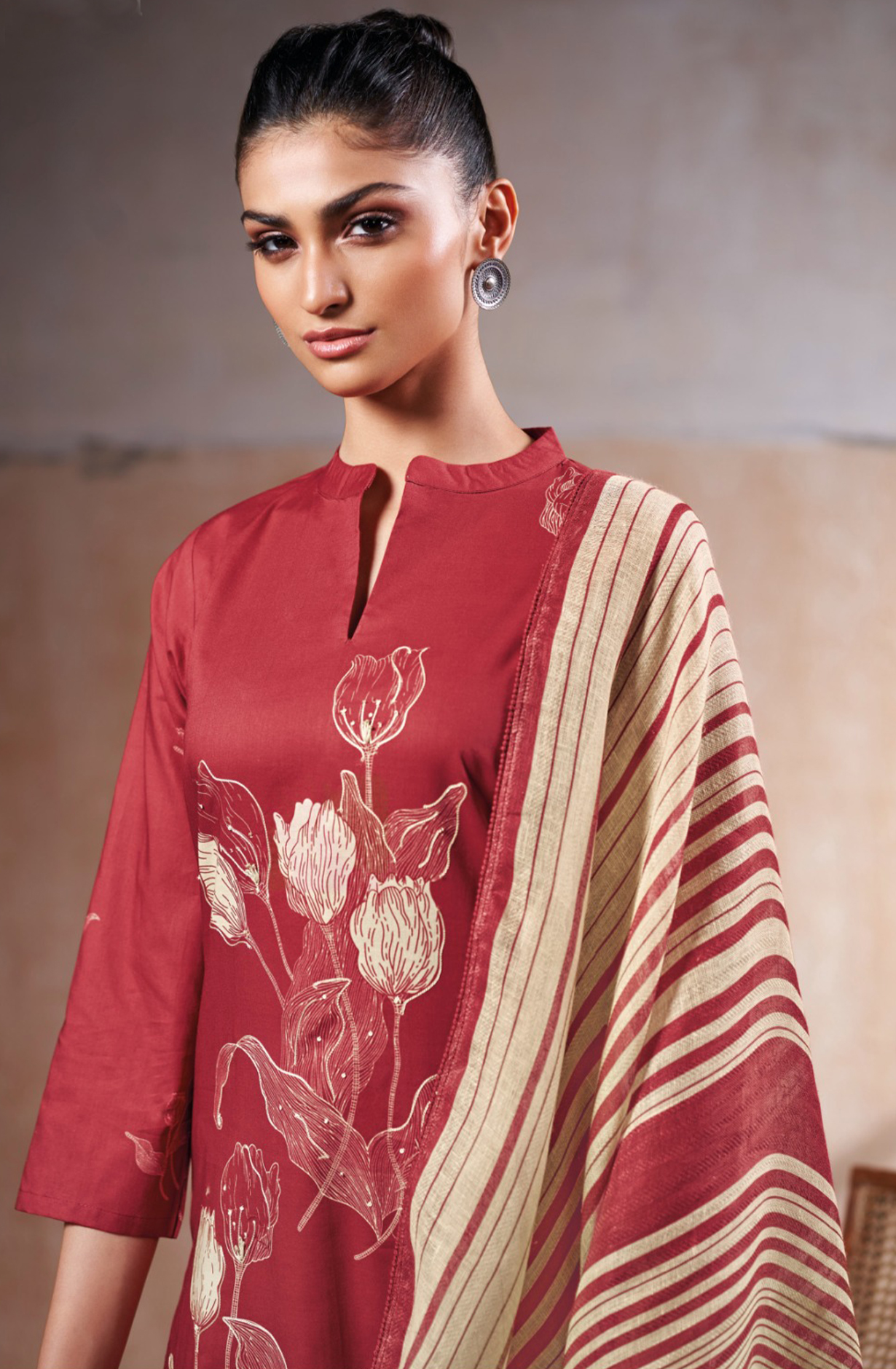 Mehroon Printed Cotton Suit Linen Dupatta- ONES3544B
