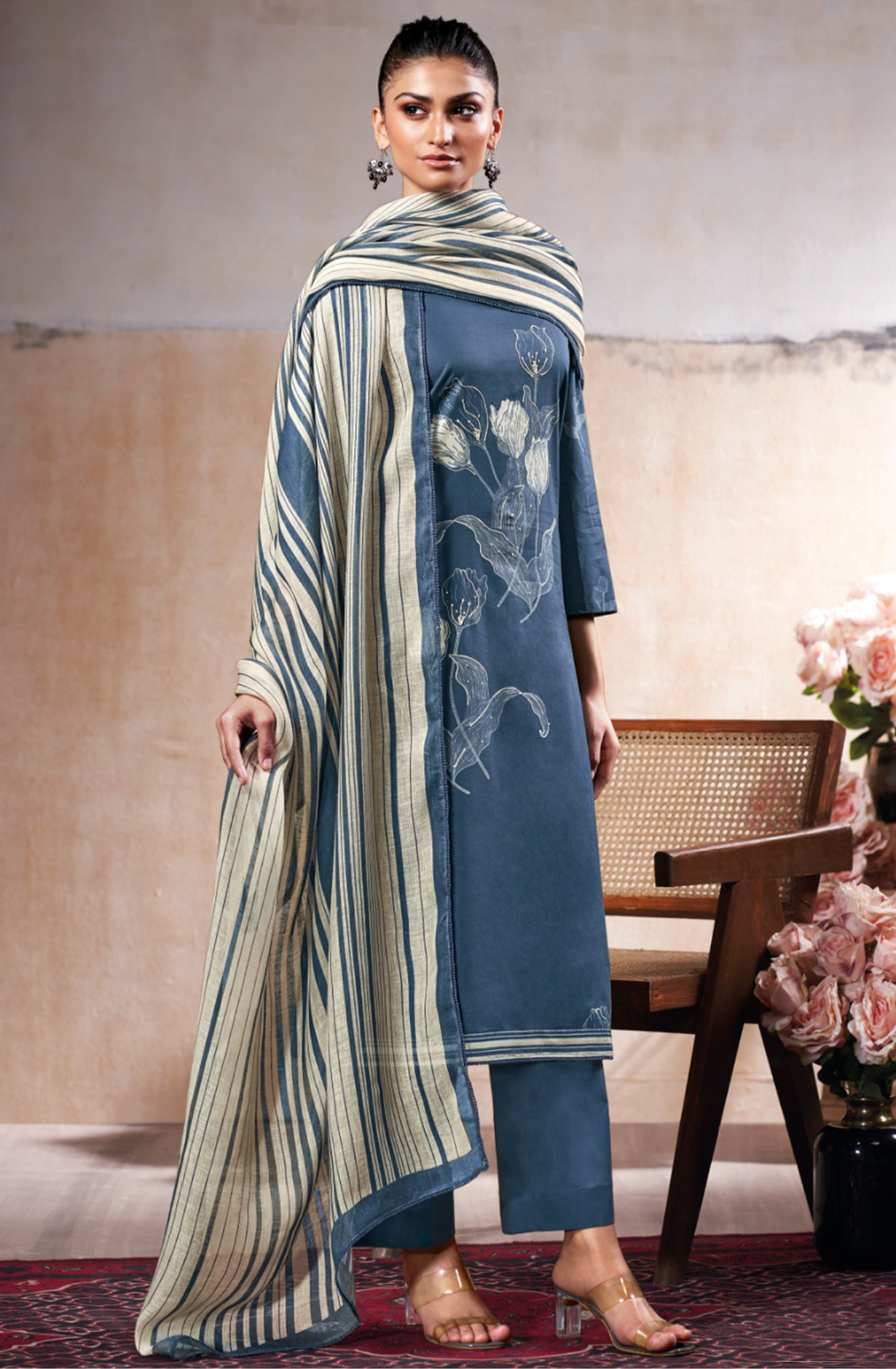 Blue Printed Cotton Suit Linen Dupatta- ONES3544C