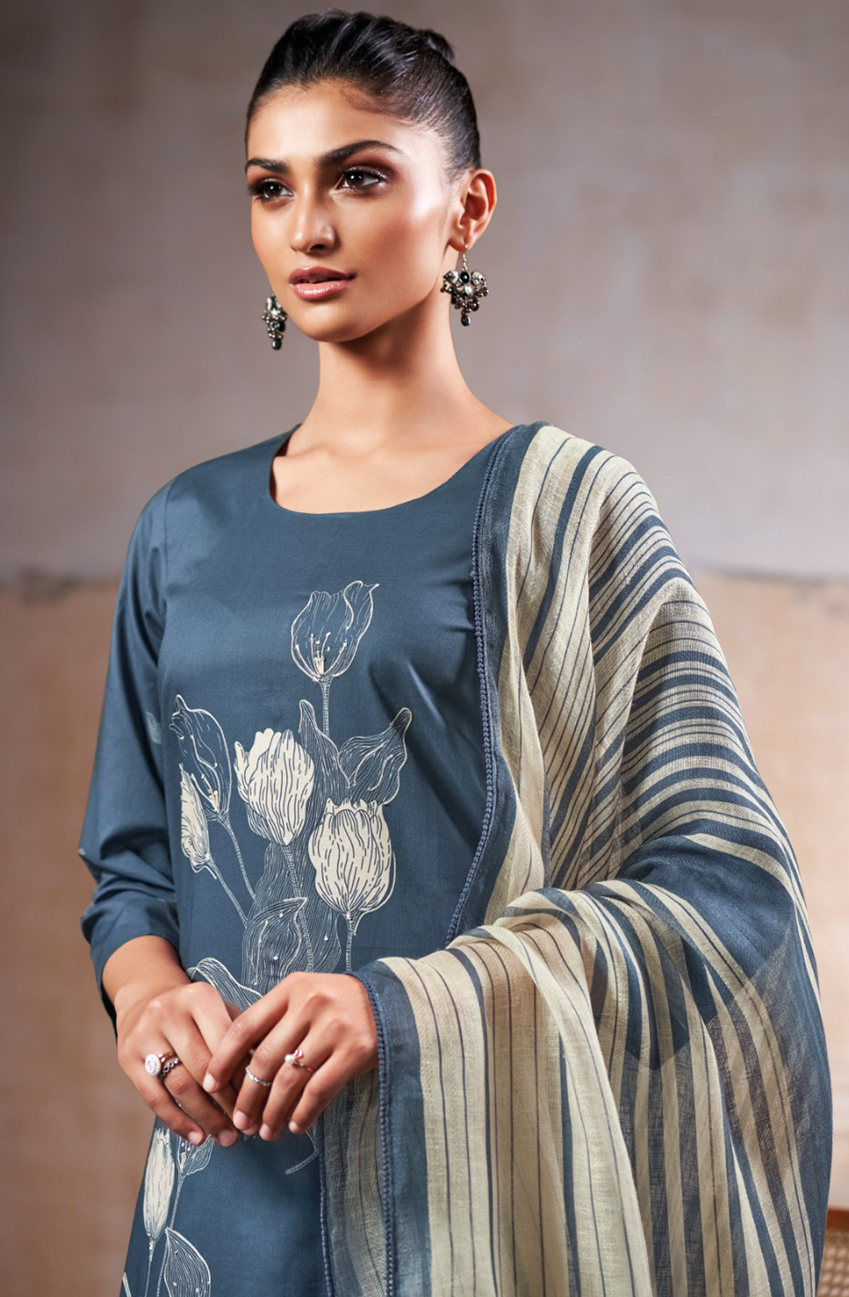 Blue Printed Cotton Suit Linen Dupatta- ONES3544C