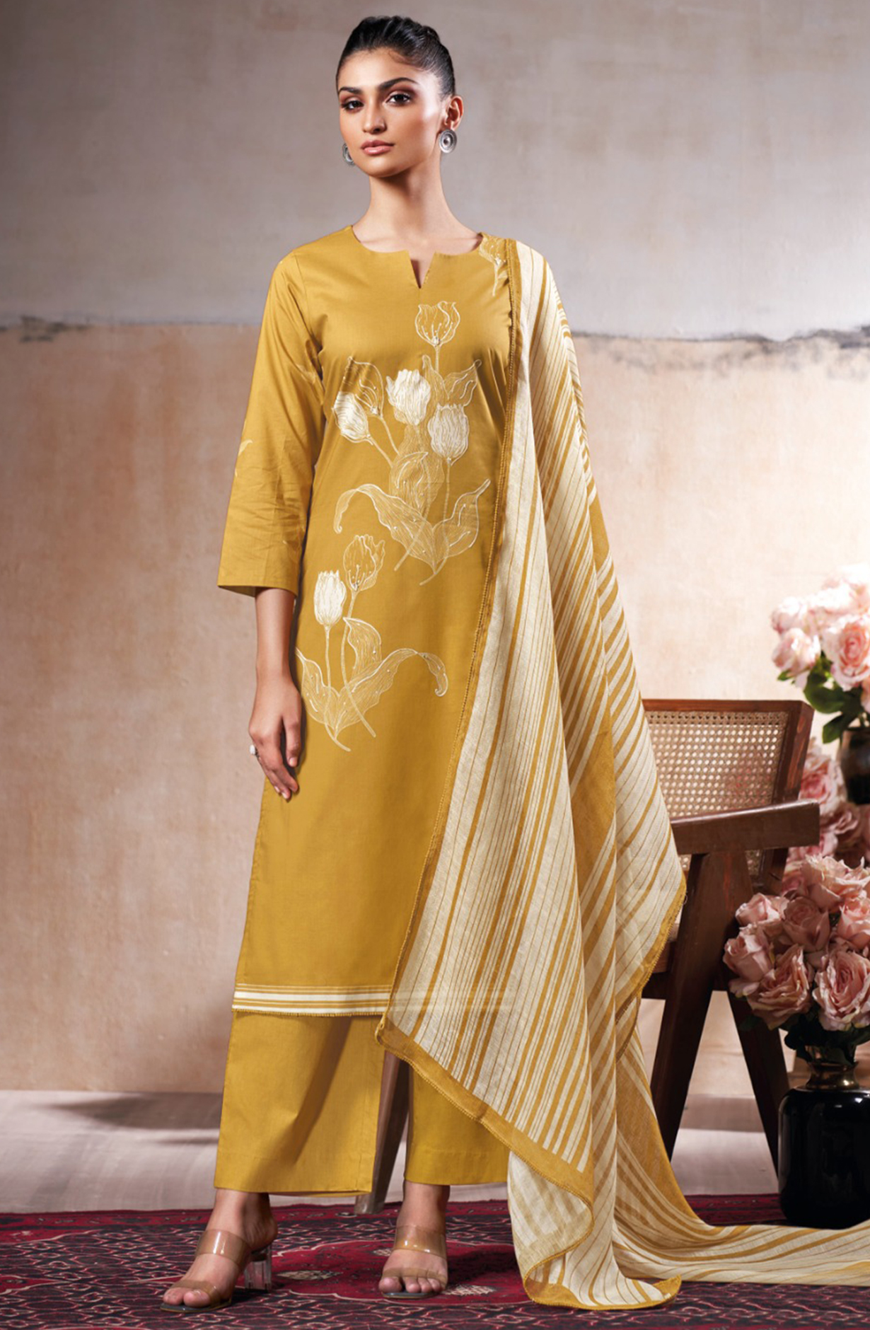 Mustard Printed Cotton Suit Linen Dupatta- ONES3544D