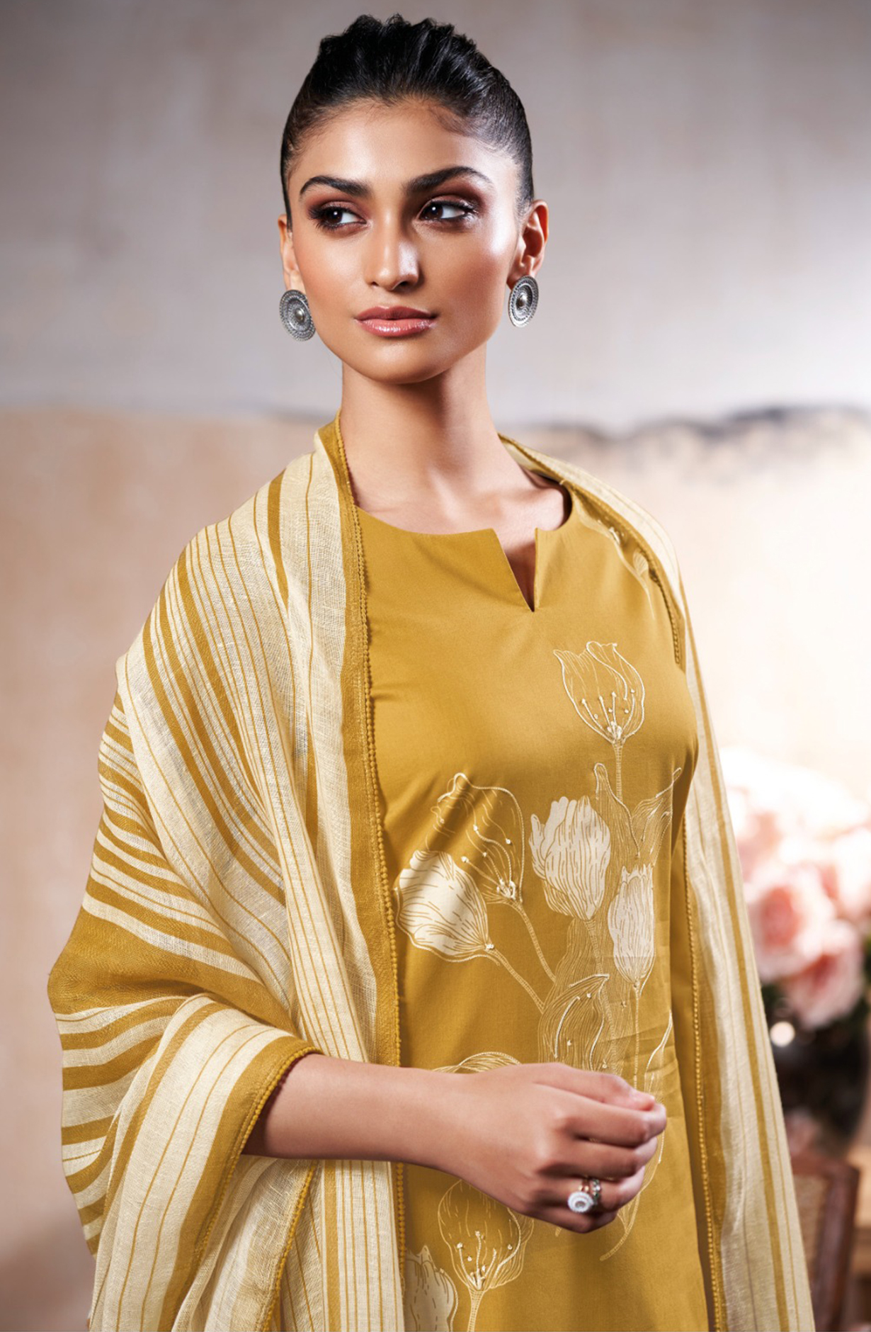 Mustard Printed Cotton Suit Linen Dupatta- ONES3544D
