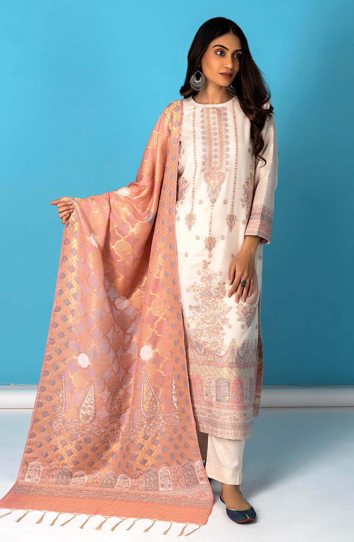 Designer Cream Chanderi Silk Exclusive Salwar Kameez with Zari Weaving - ONS1826A