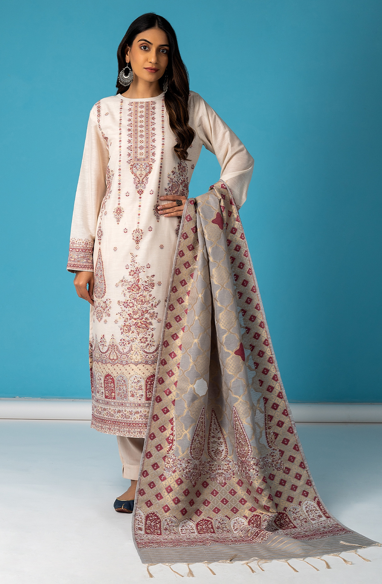 Designer Cream Chanderi Silk Exclusive Salwar Kameez with Zari Weaving - ONS1826B