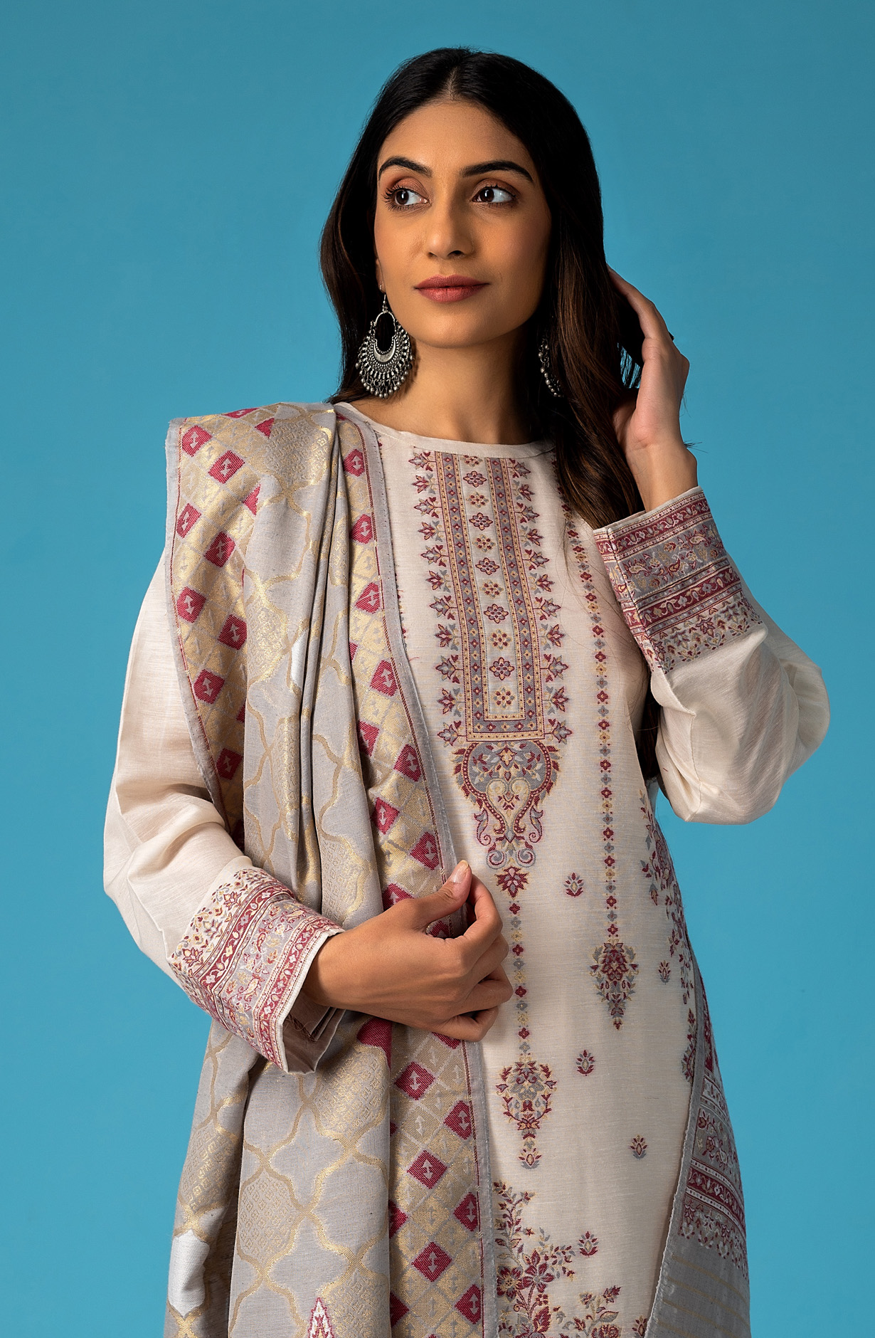 Designer Cream Chanderi Silk Exclusive Salwar Kameez with Zari Weaving - ONS1826B