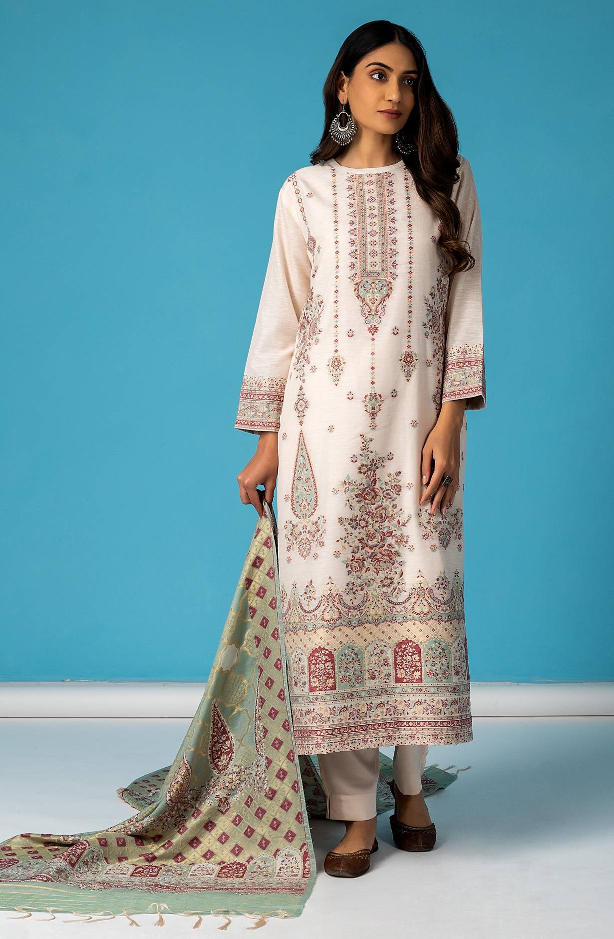 Designer Cream Chanderi Silk Exclusive Salwar Kameez with Zari Weaving - ONS1826C