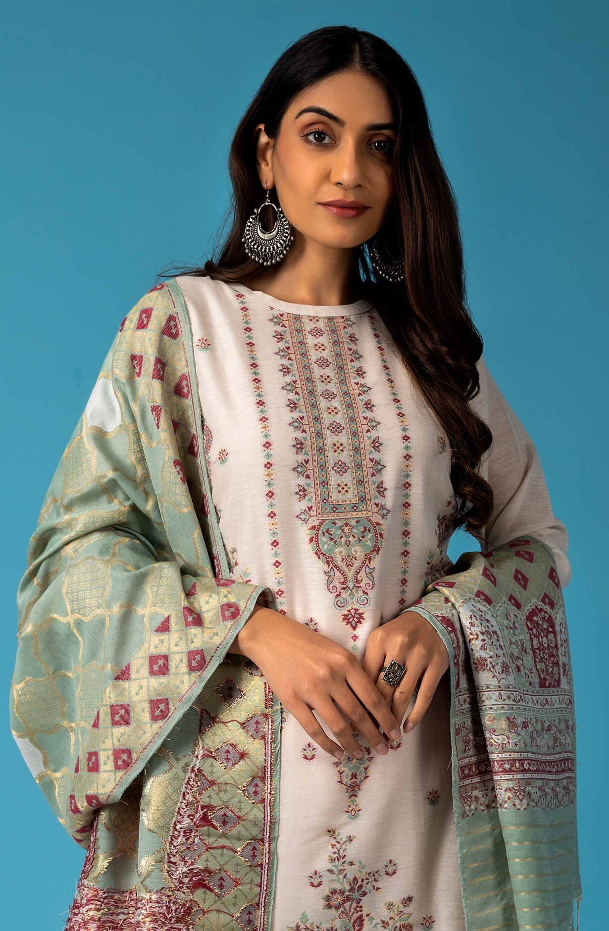 Designer Cream Chanderi Silk Exclusive Salwar Kameez with Zari Weaving - ONS1826C