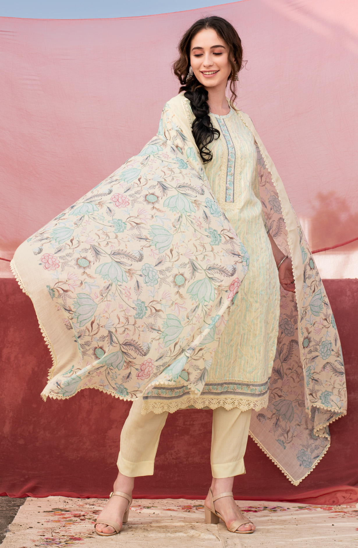 Pista Green Cotton Exclusive Embroidered with Lace Work Salwar Suit - OPA1815A