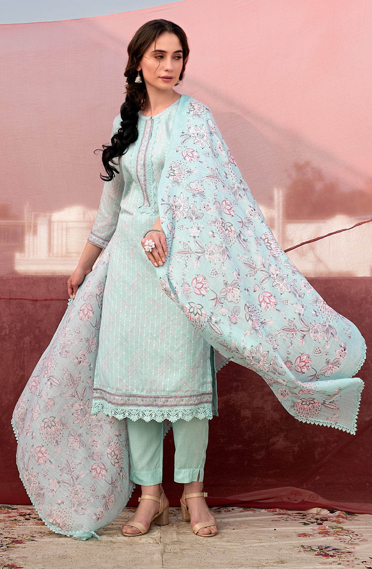 Sea Green Cotton Exclusive Embroidered with Lace Work Salwar Suit - OPA1816A