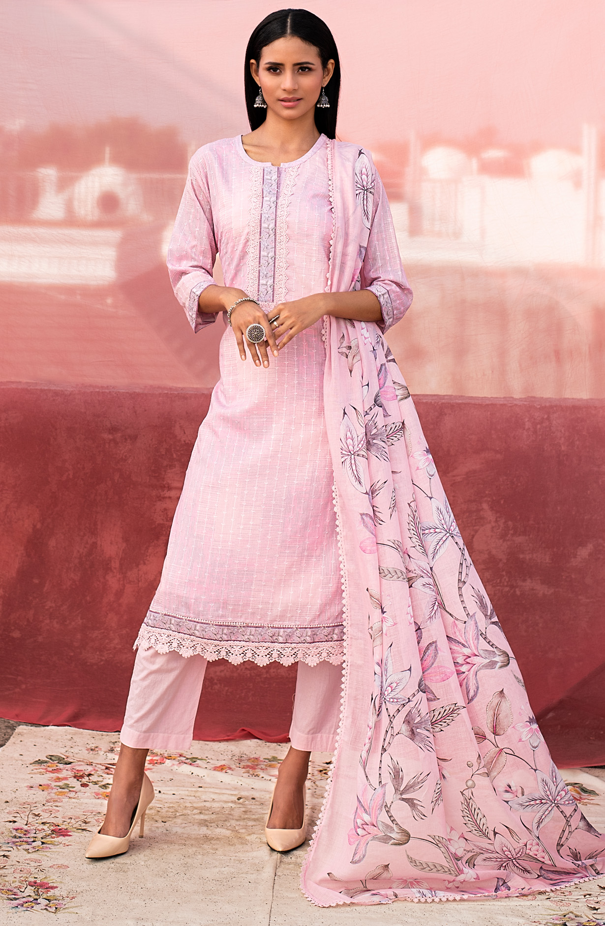 Pink Cotton Exclusive Embroidered with Lace Work Salwar Suit - OPA1817A