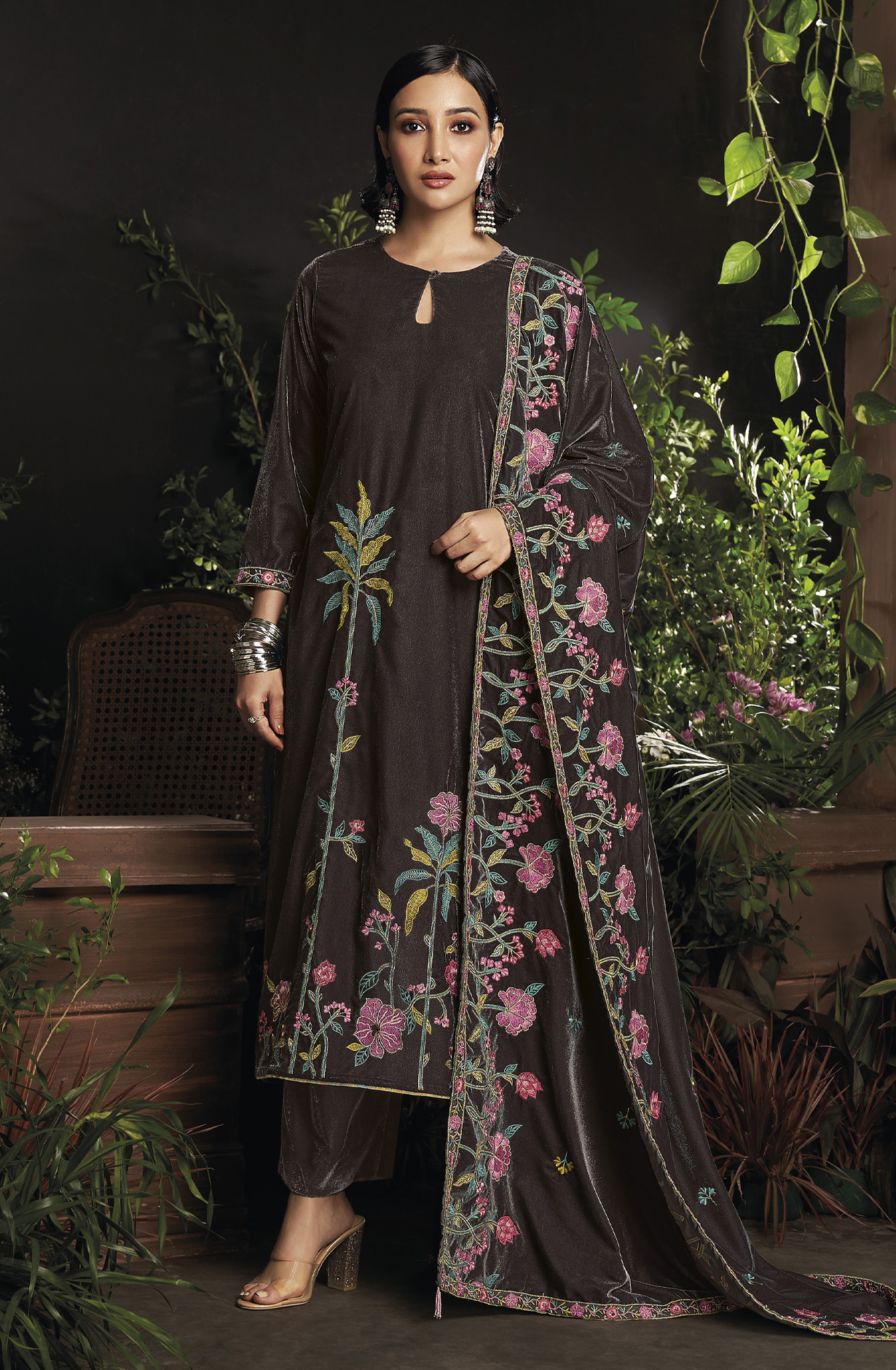 Chocolate Brown Designer Embroidered Velvet Salwar Suit - OPHC1647